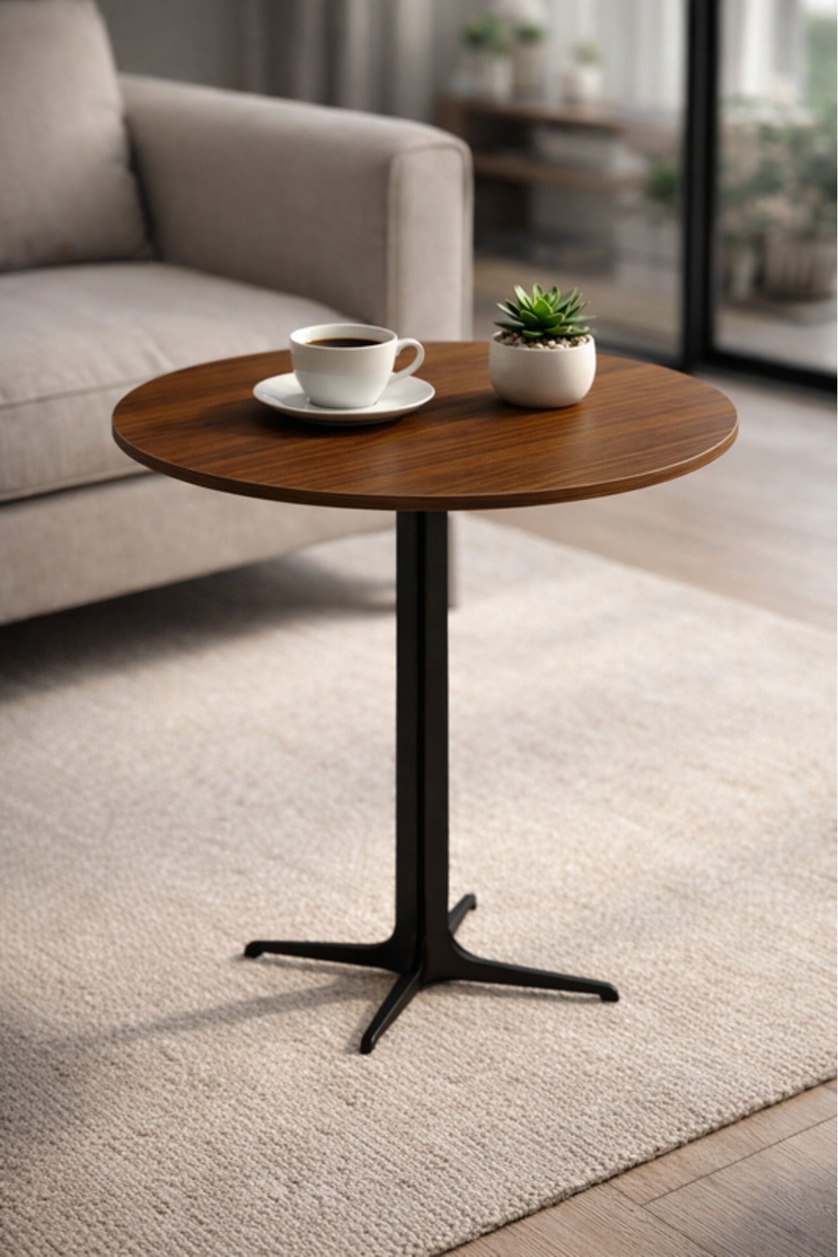 Modern Brown Round Coffee Table with Black Base, 70x70x75 CM modern brown round Dinner