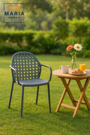 Gray Rattan-Style Plastic Armchair Ð Modern Stackable Outdoor Chair with Woven Backrest Design
