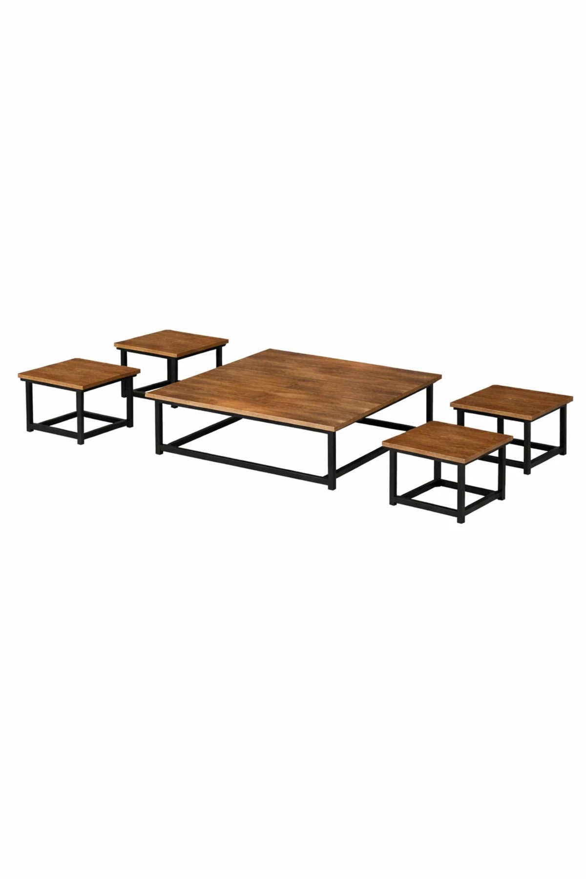 Rustic Brown 5-Piece Low Floor Coffee Table Set Industrial Metal Frame Center Table for Living Room