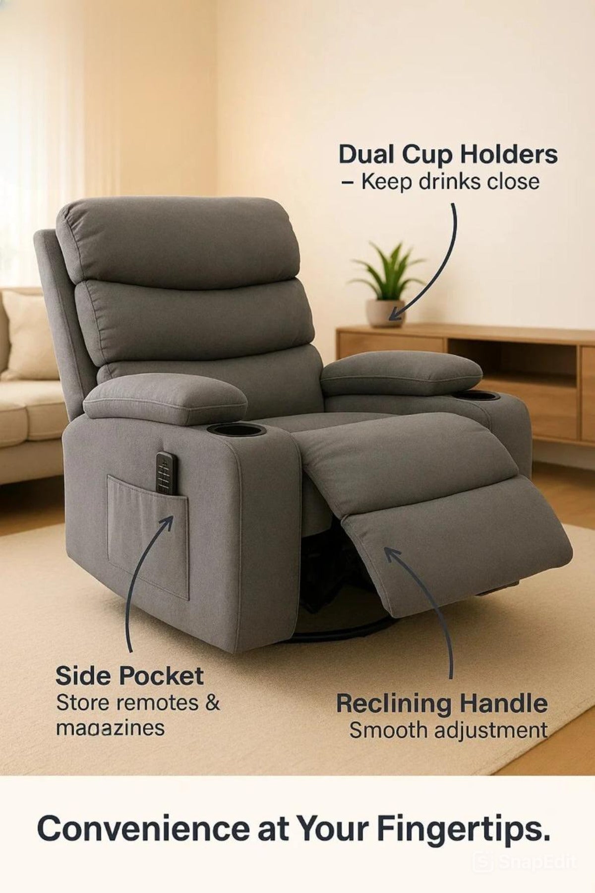 Gray Recliner Chair with Cup Holders Ð Soft Fabric, Swivel & Recline
