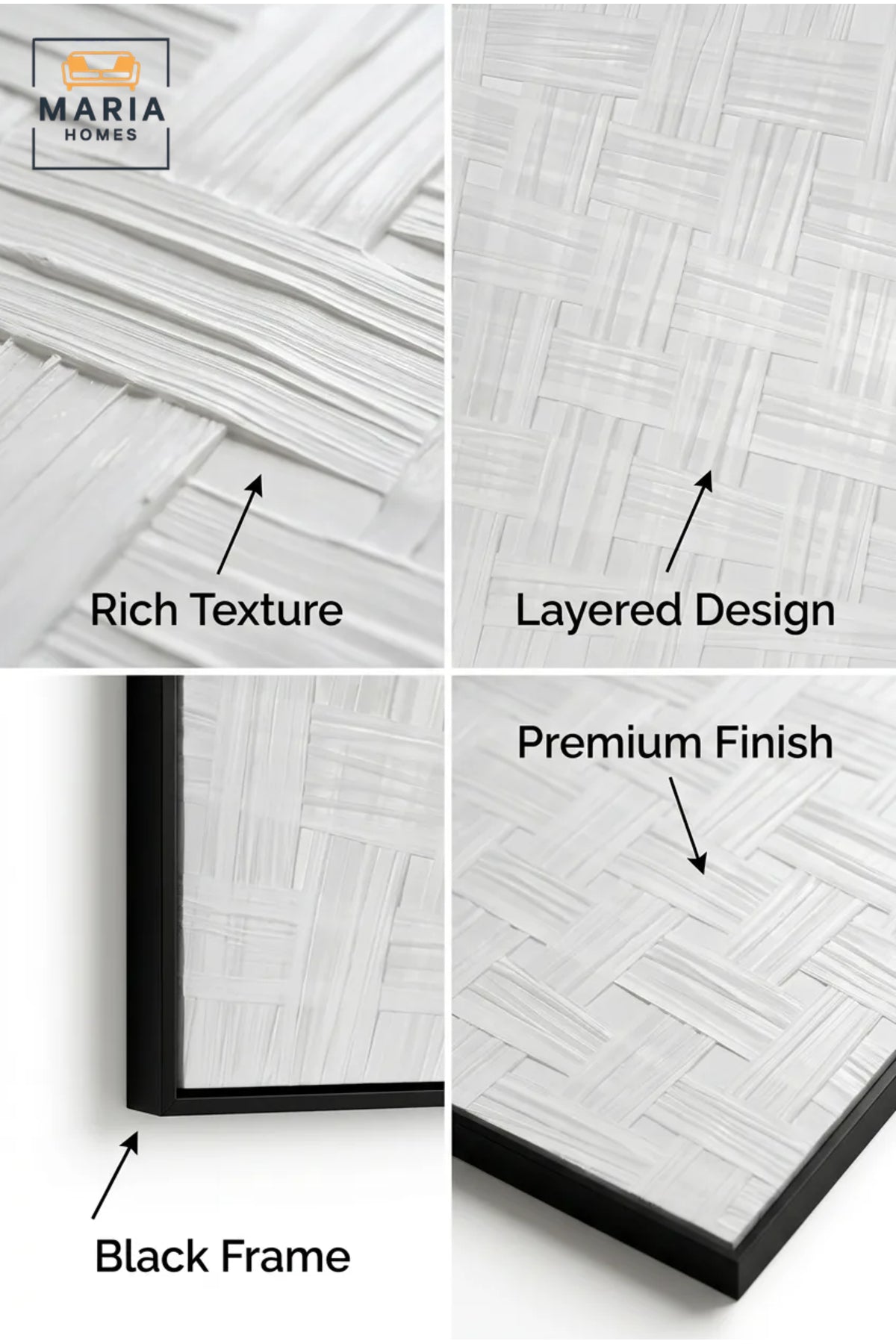 White Woven Texture Wall Art with Black Frame √ê Modern Abstract Minimalist Decorative Panel
