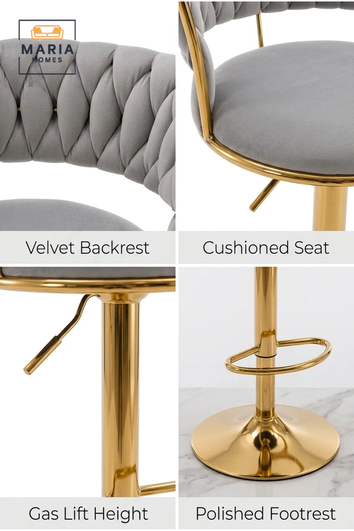 Luxury Adjustable Velvet Bar Stool with Quilted Backrest and Gold Finish Base