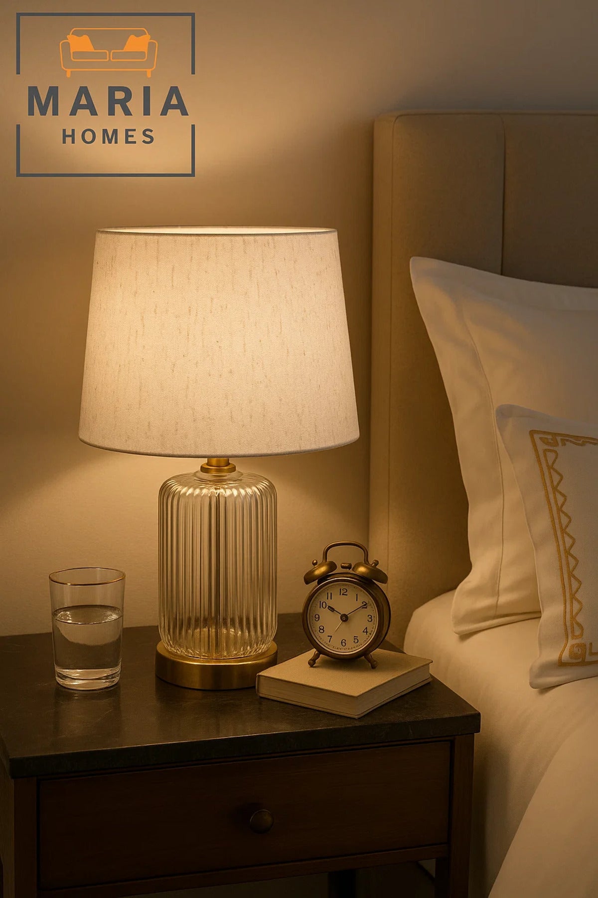 Ribbed Glass Table Lamp With Beige Shade And Gold Base For Elegant Night Lighting