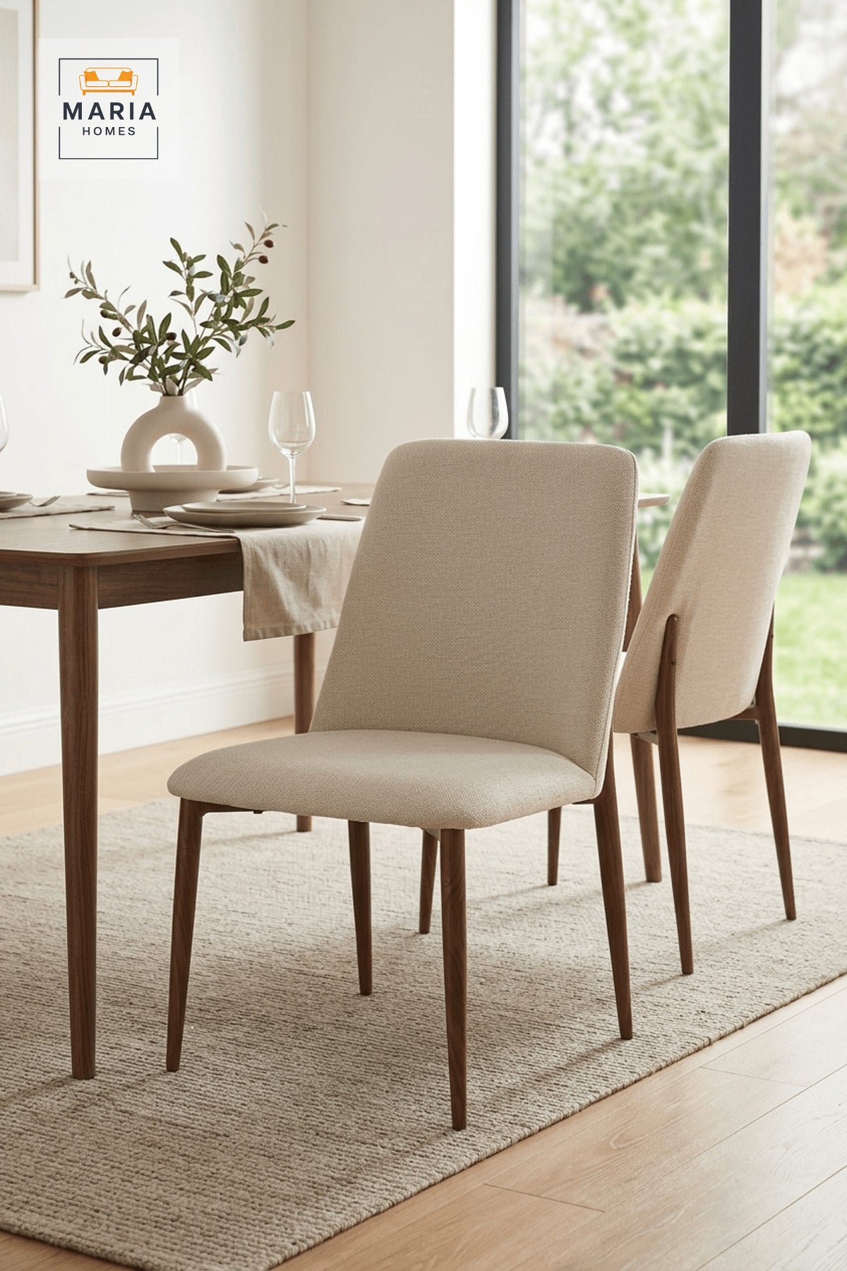 Beige Upholstered Dining Chair with Wood Print Legs for Home Dining Rooms