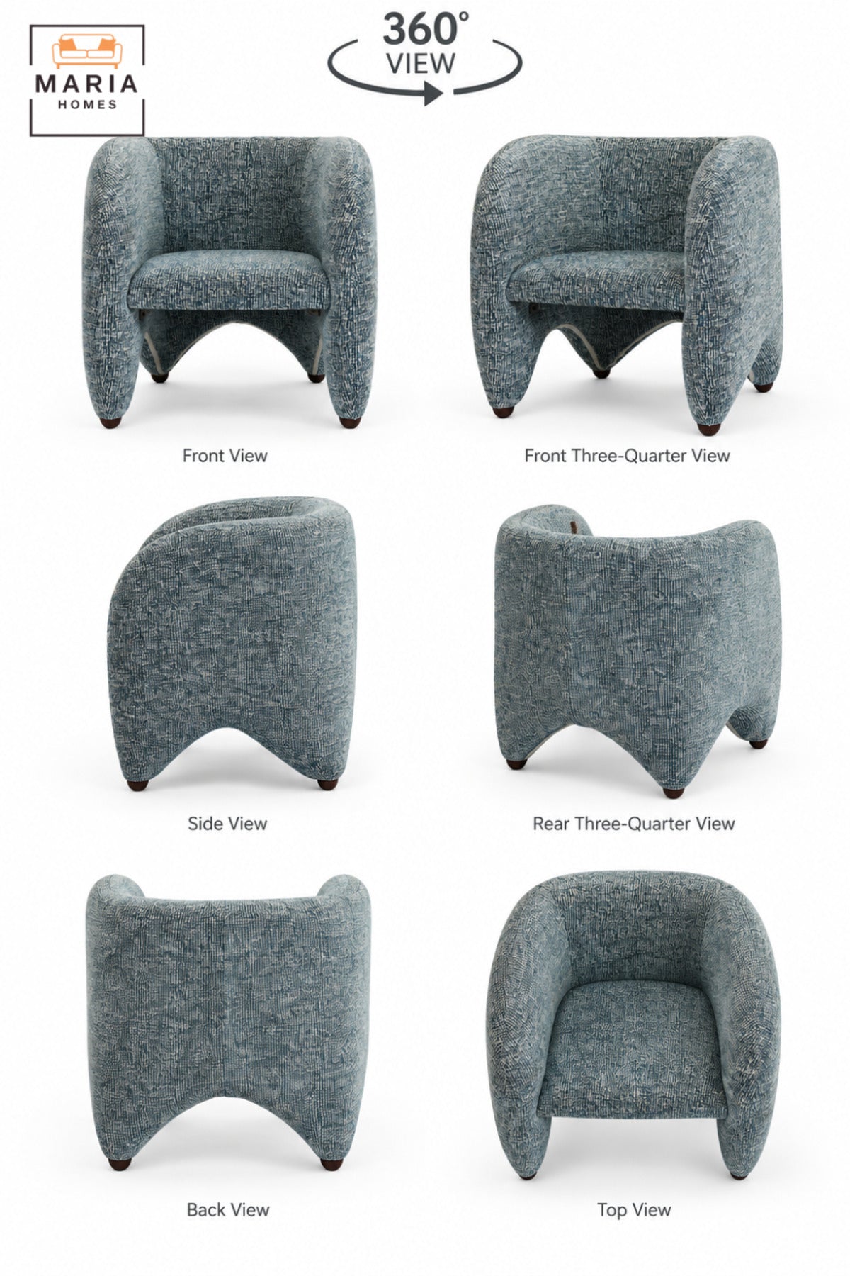Modern Blue Upholstered Accent Chair with Curved Backrest, Padded Seat and Sculptural Design for Living Room, Bedroom, Lounge & Reception
