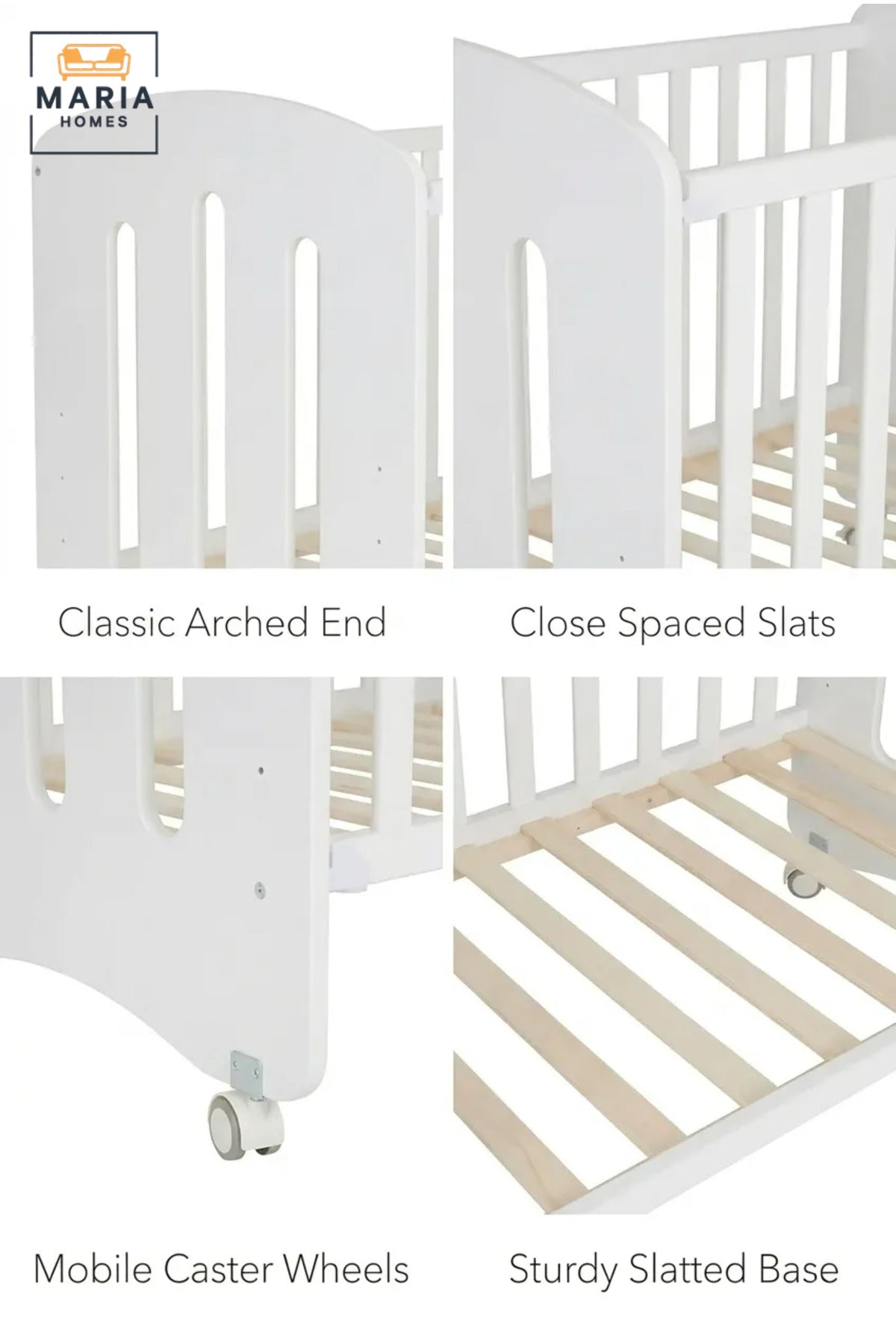 Wooden Baby Cot with Safety Rails and Caster Wheels, Modern Nursery Crib Bed with Slatted Sides for Newborn Babies, Infants and Toddlers
