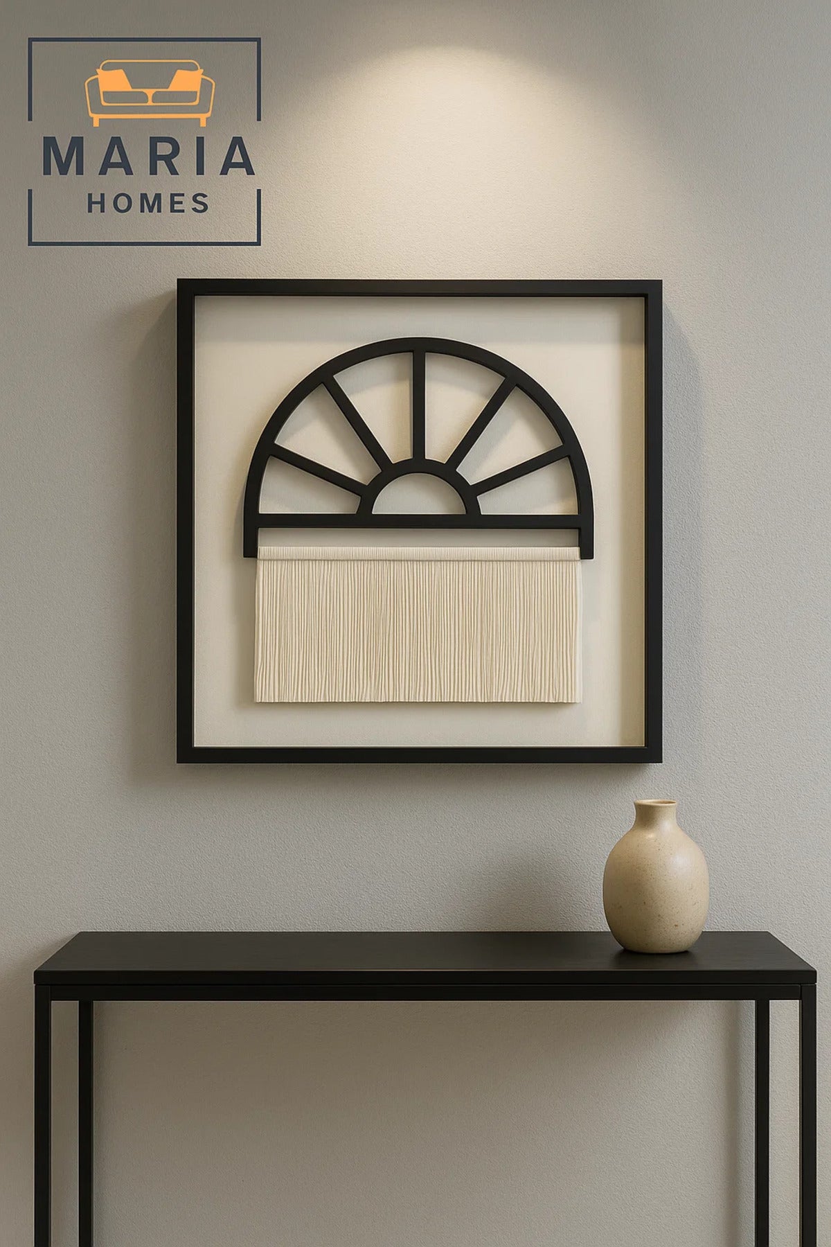 Half Arch Wall Art with Black Frame and Hanging Fringe Accent-size 90*90*3 CM
