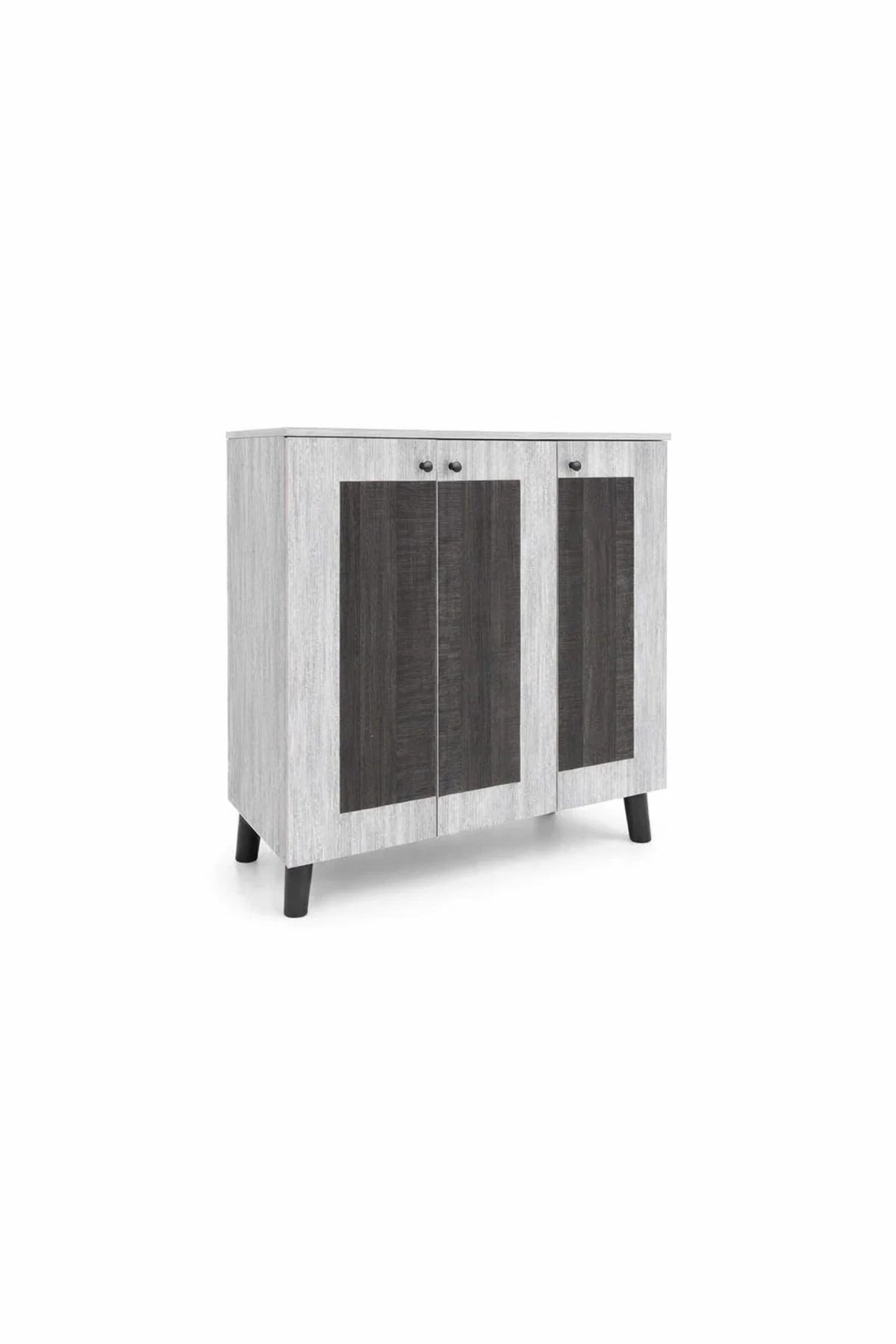 Stylish Grey Wood Shoe Cabinet with Dark Accents 3-Door Entryway Organizer Rack 90cm Width Unit