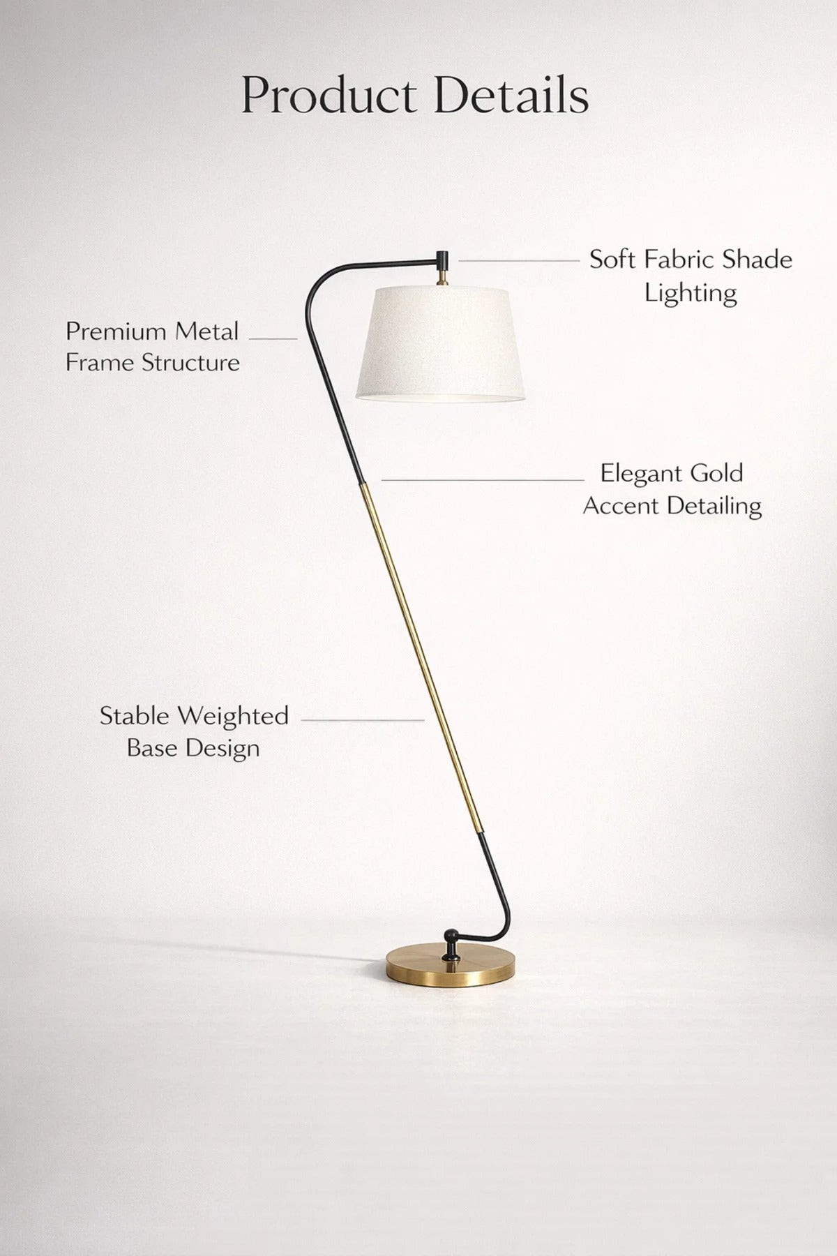 Modern Tilted Floor Lamp with Fabric Shade and Metal Base for Living Room