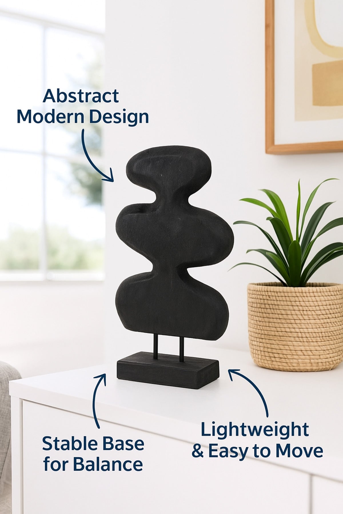 Black Wooden Abstract Decorative Sculpture on Stand Ð Modern Artistic Accent