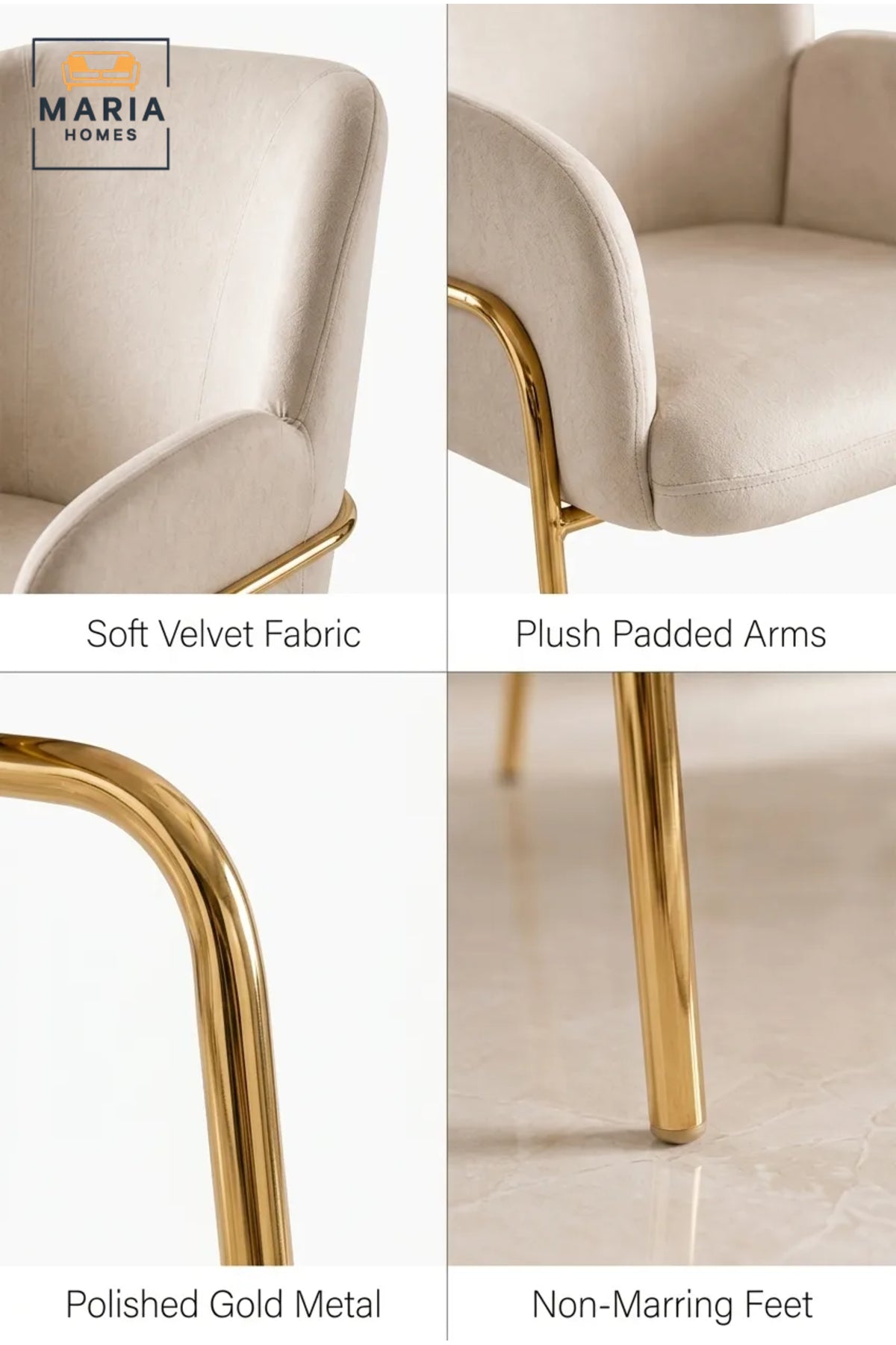 Beige Velvet Accent Chair with Gold Metal Legs √ê Modern Upholstered Armchair for Dining Room, Living Room, Bedroom & Lounge