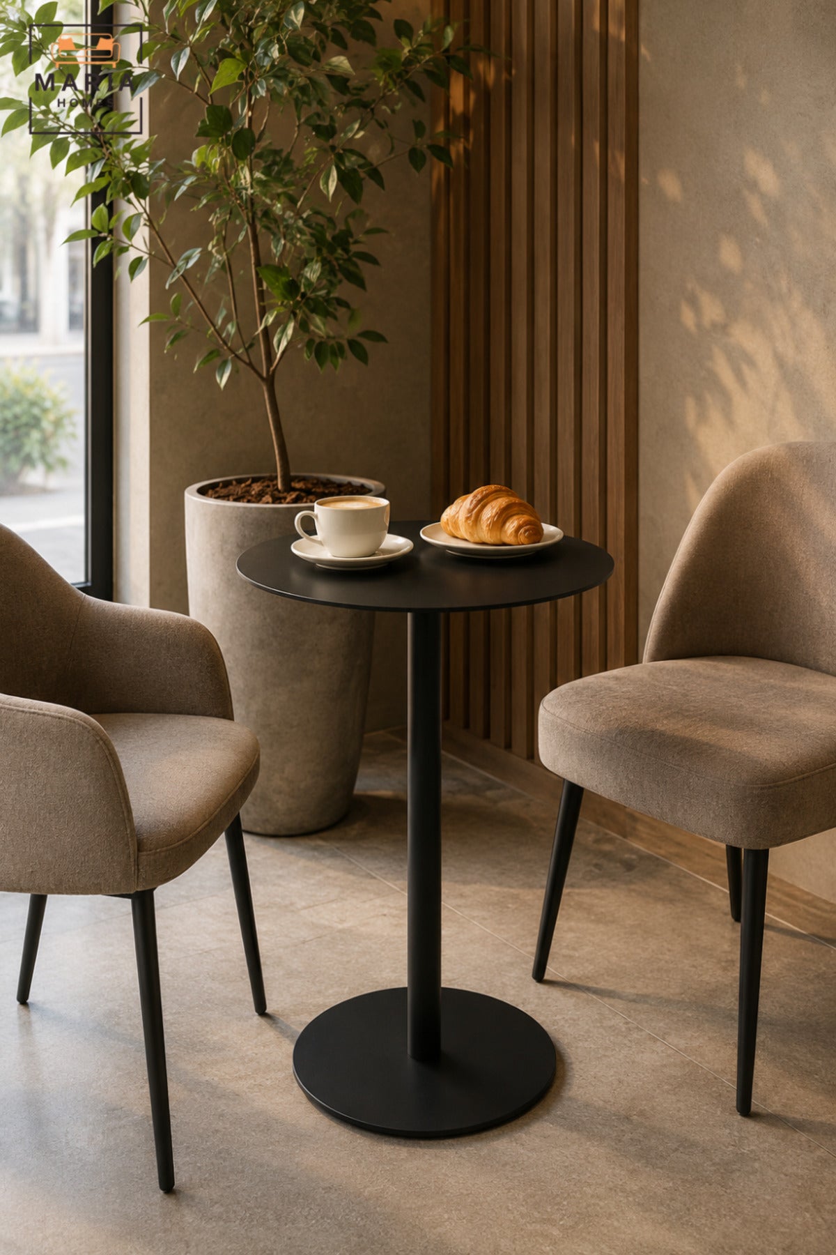 Modern Round Café Table with Slim Pedestal Base, Minimalist Compact Bistro Table for Coffee Shop, Restaurant, Dining Area & Lounge – 37 × 37 × 60 CM