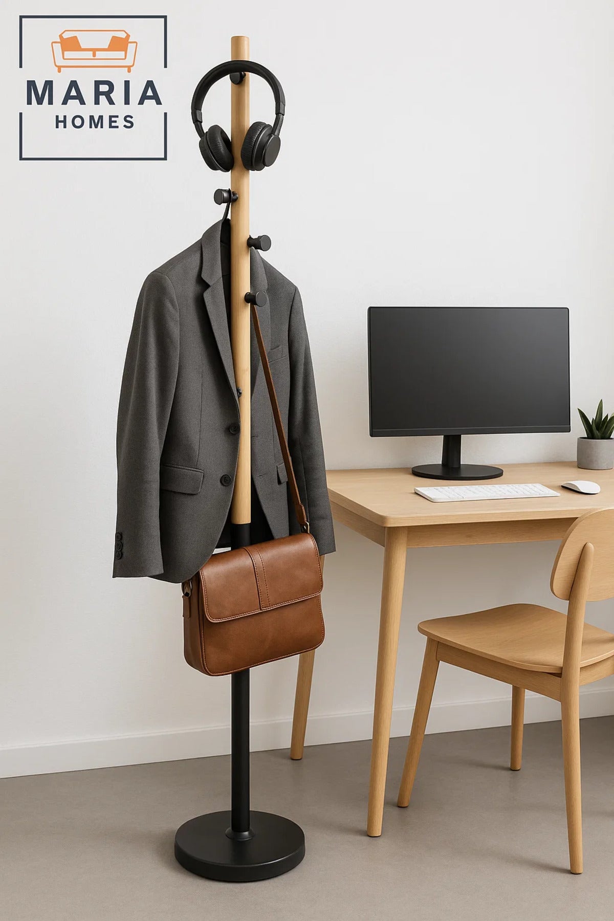Modern Wood & Black Metal Coat Rack with Side Peg Hooks