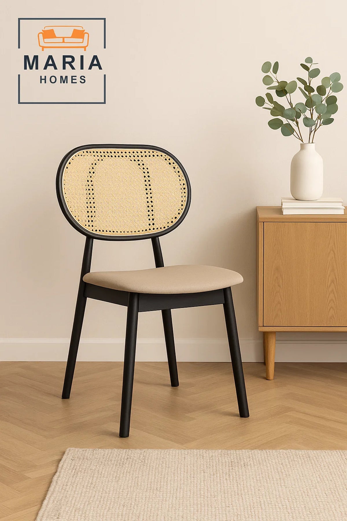 Modern Black Wood Chair with Woven Cane Backrest and Cream Upholstered Seat Ð Stylish & Durable