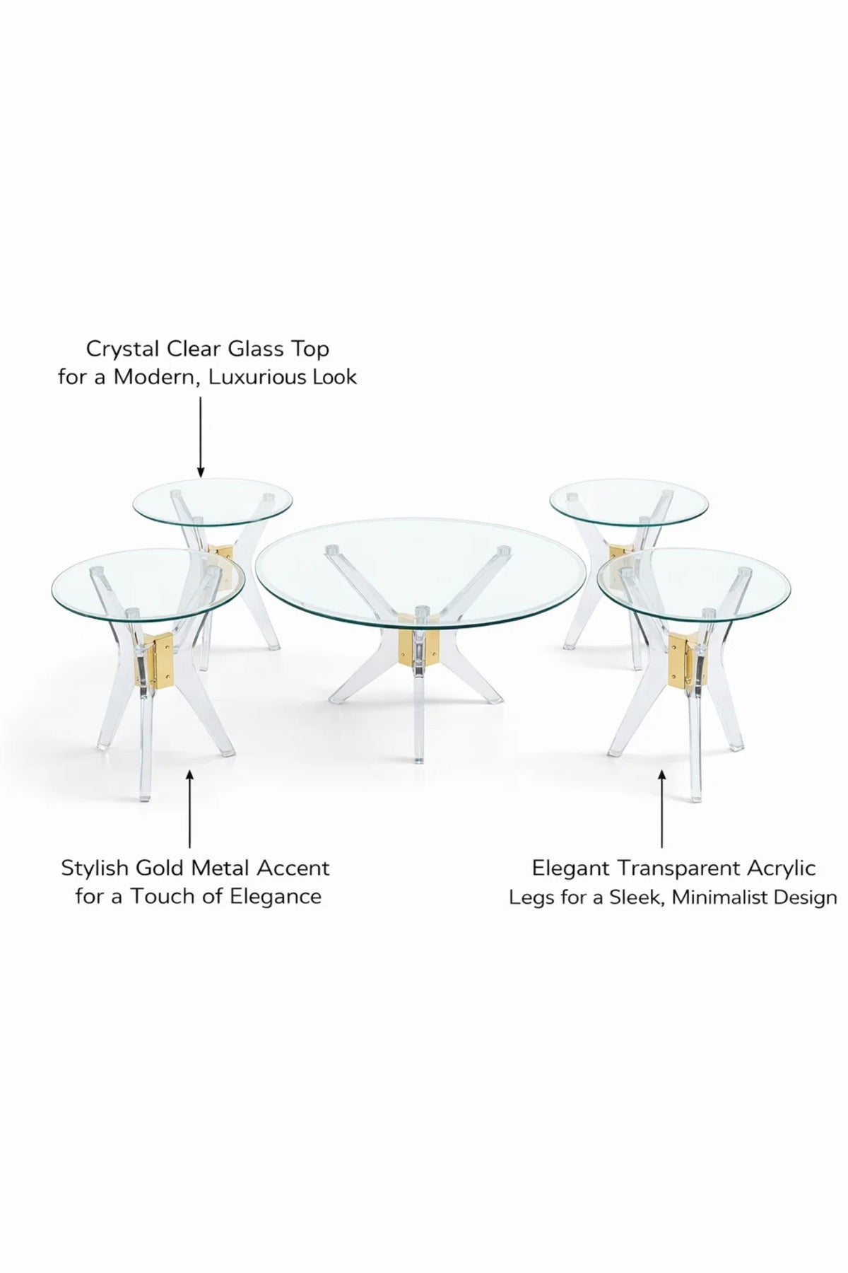 Luxury 5Piece Glass Coffee Table Set with Gold and Clear Acrylic Base √ê Modern Living Room Furniture