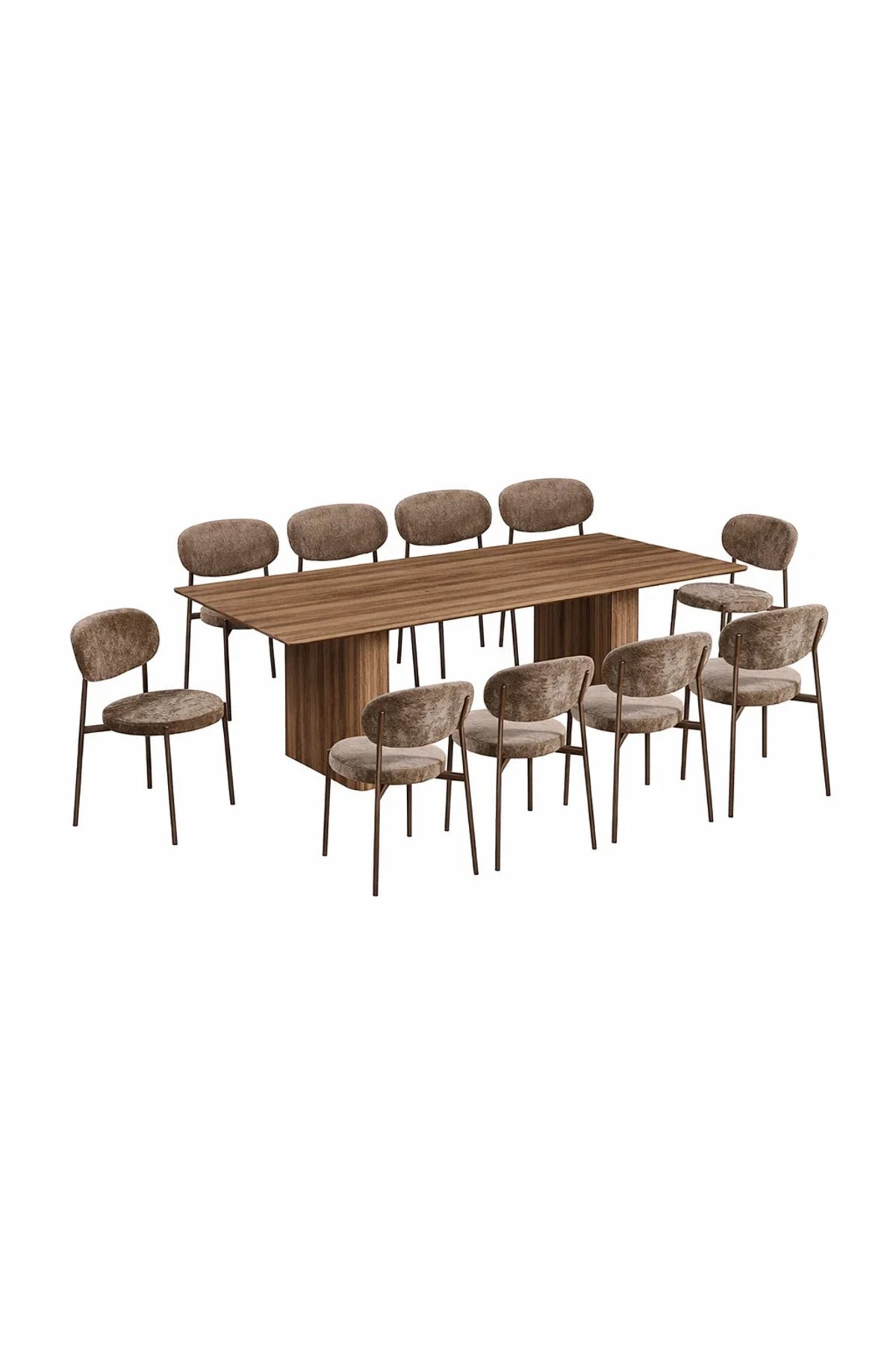 Modern 10 Seater Dining Table Set Wooden Top Upholstered Brown Chairs Large Family Room 220cm