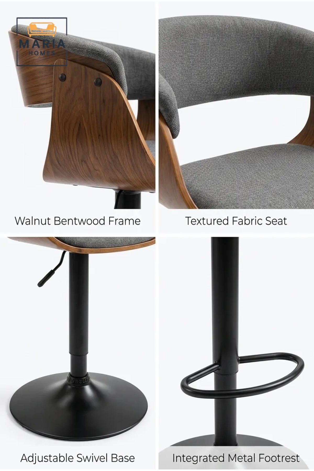 Modern Upholstered Bar Stool with Curved Open Back, Wood Accent Frame and Adjustable Height