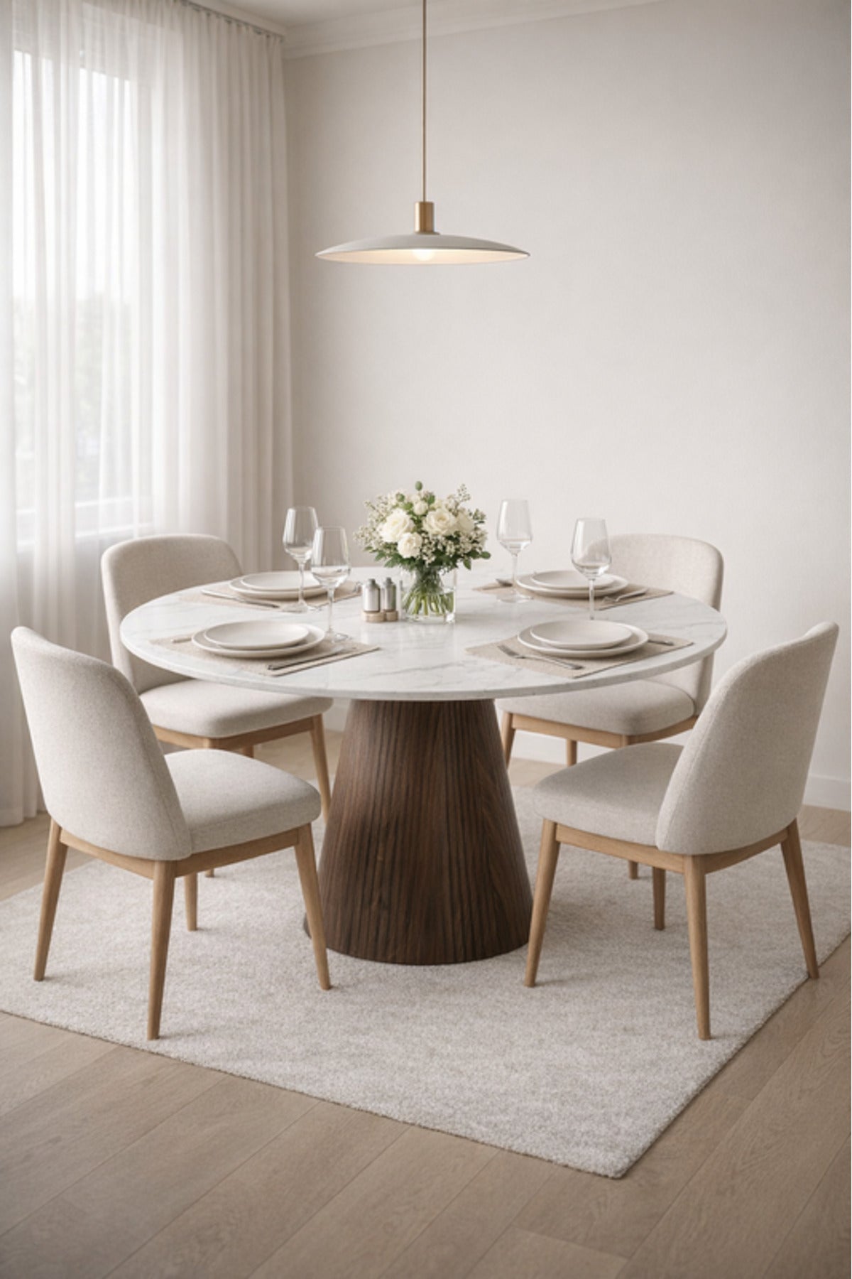 Round Marble Dining Table 120x120x75cm Modern with Brown Base round marble dining