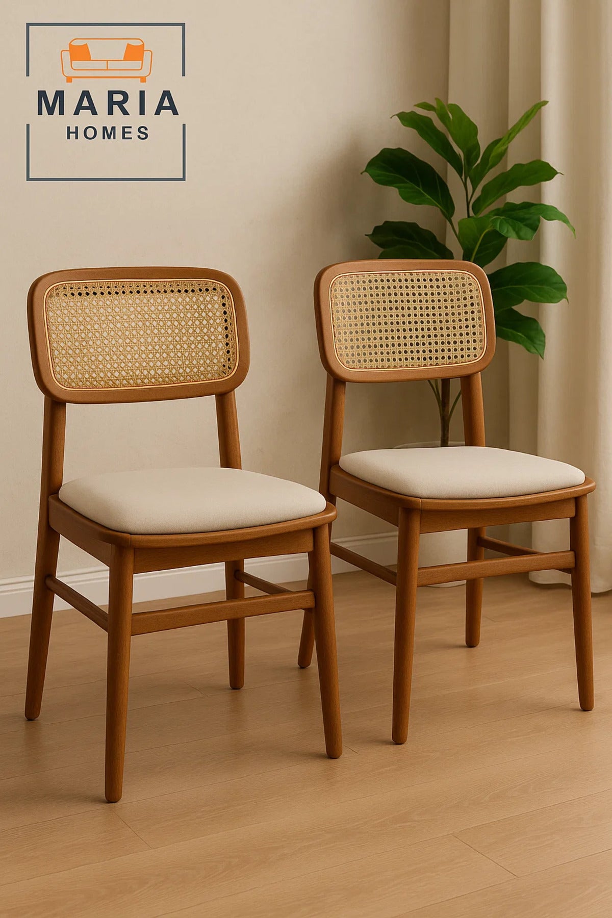 Modern Walnut Dining Chair with Cane Backrest and Padded Seat