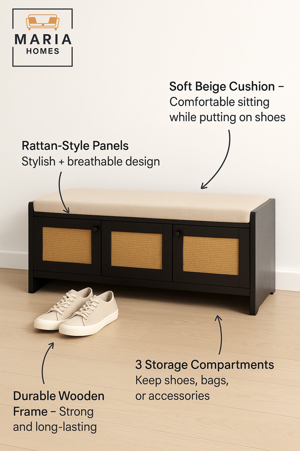 Black Wooden Storage Bench with Rattan Doors & Cushion Seat Ð Shoe Cabinet (120_40_52 cm)