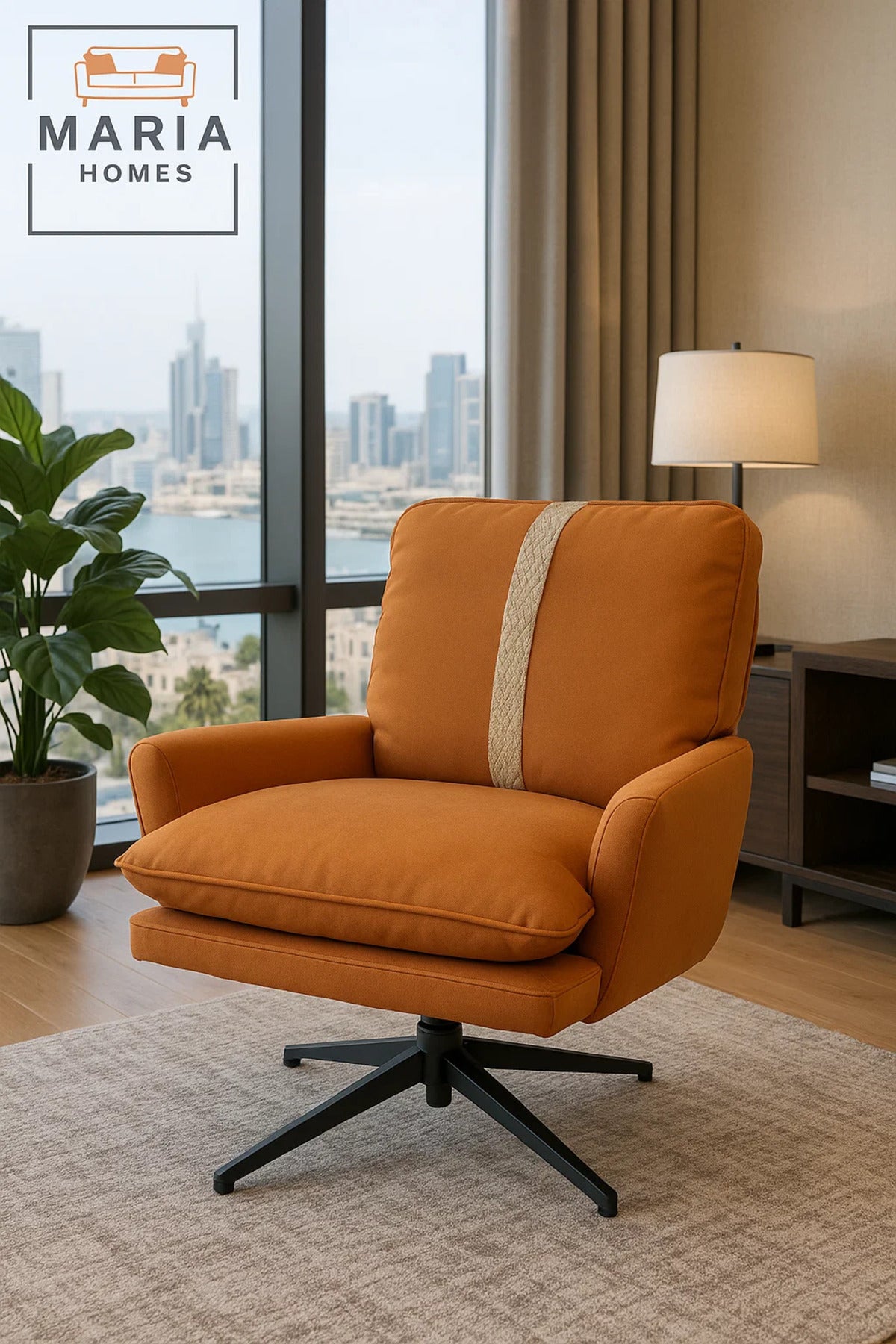 Modern Orange Lounge Chair with White Accent Stripe Ð Faux Leather Comfort Chair for Living Room