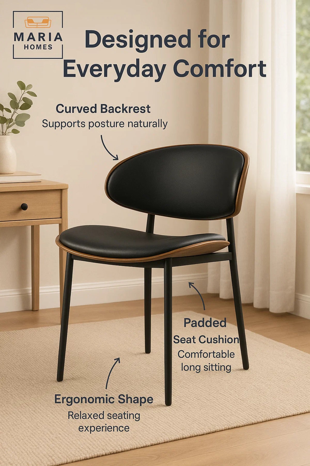 Modern Black Dining Chair with Metal Legs
