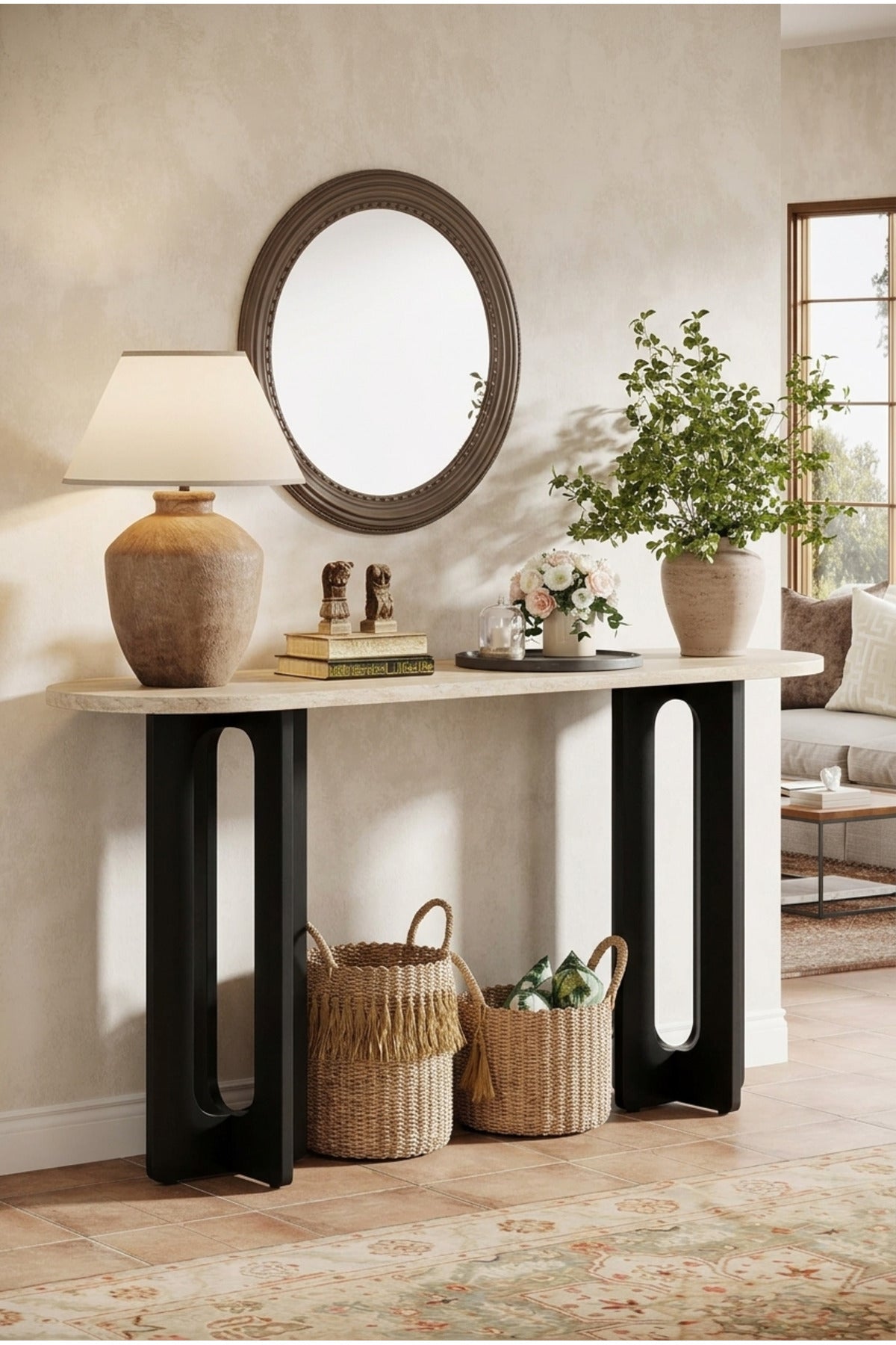 Modern Marble Top Console Table with Wooden Base for Entryway, Hallway & Living Room