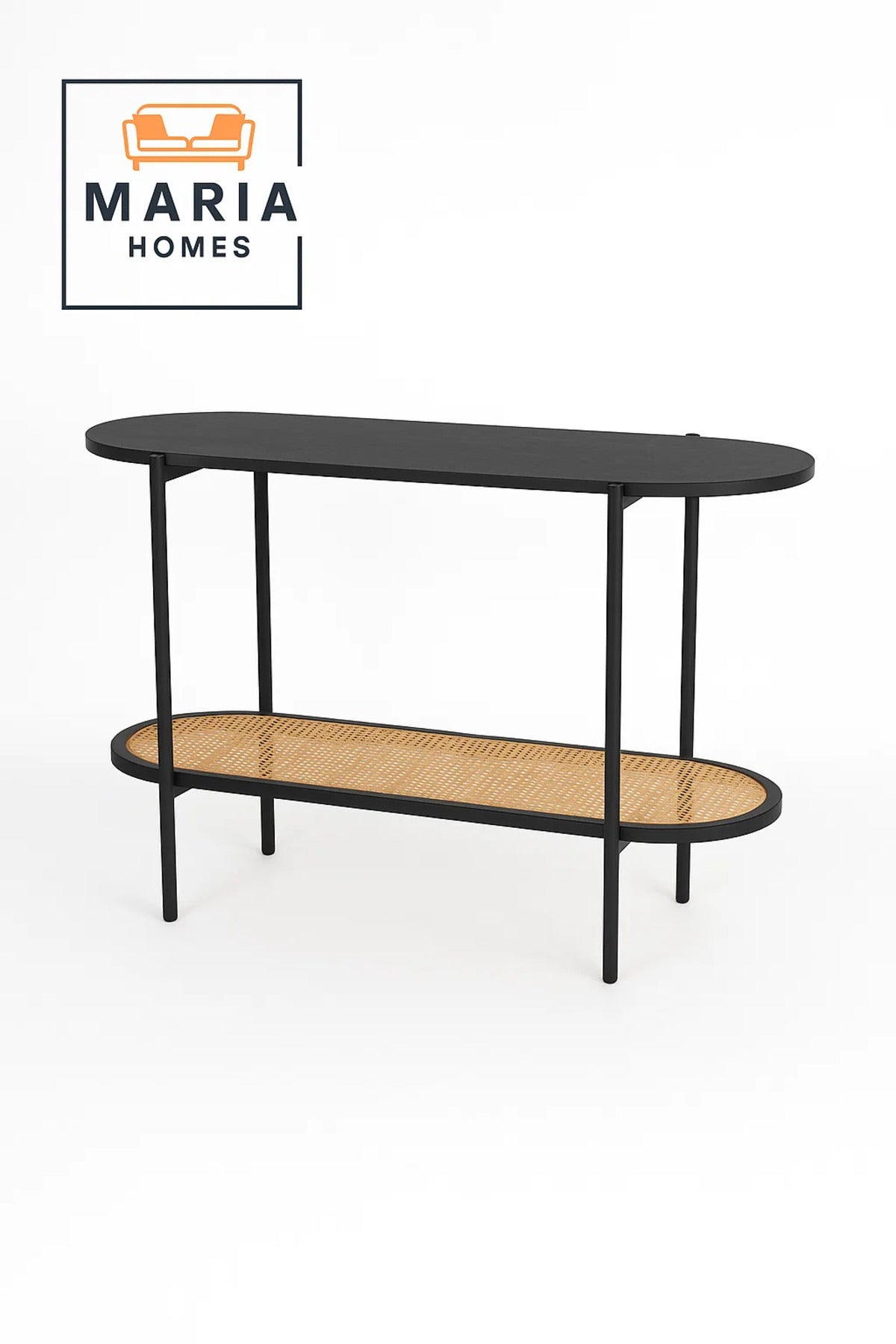 Oval Black Console Table with Rattan Shelf and Metal Frame
