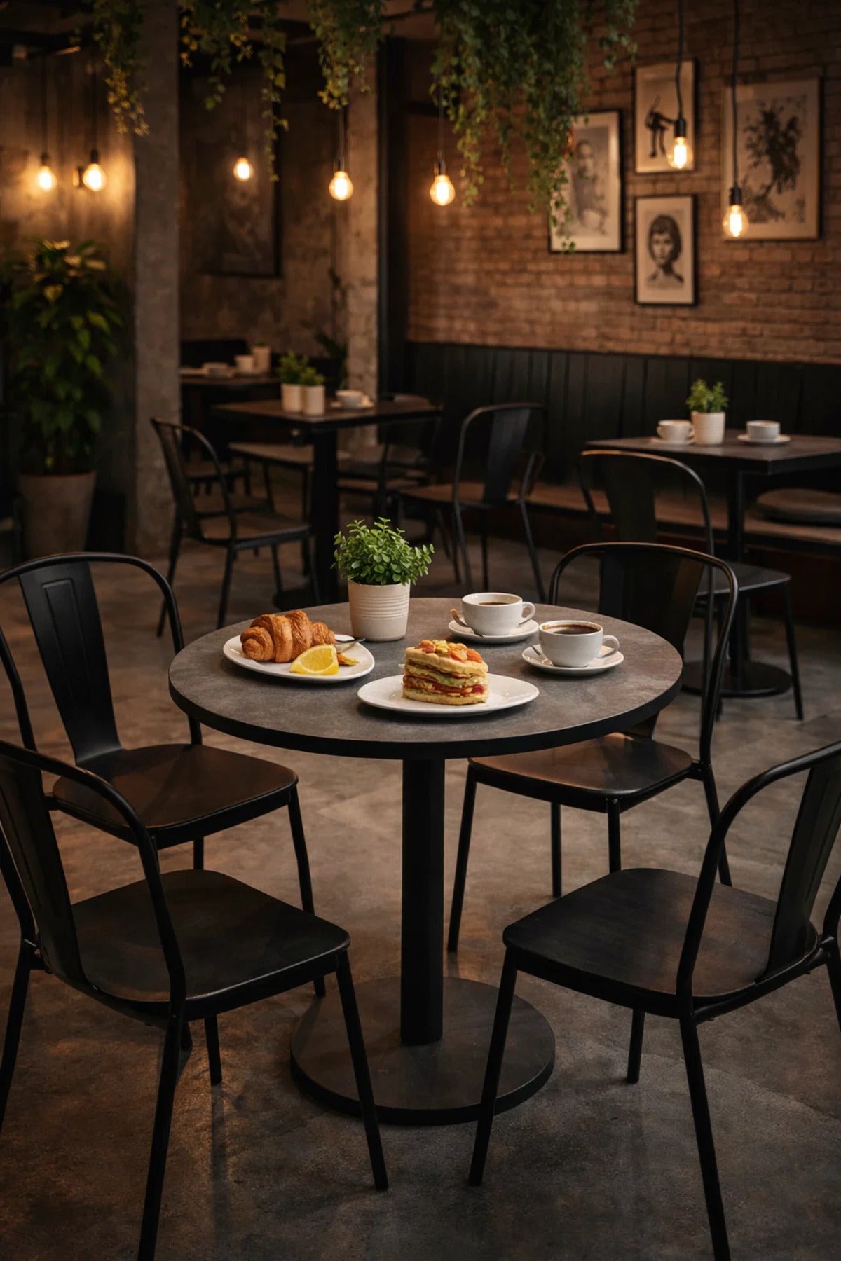 Modern Grey Round Dining Table 70cm Melamine Top Black Metal Leg Compact Bistro Cafe Design