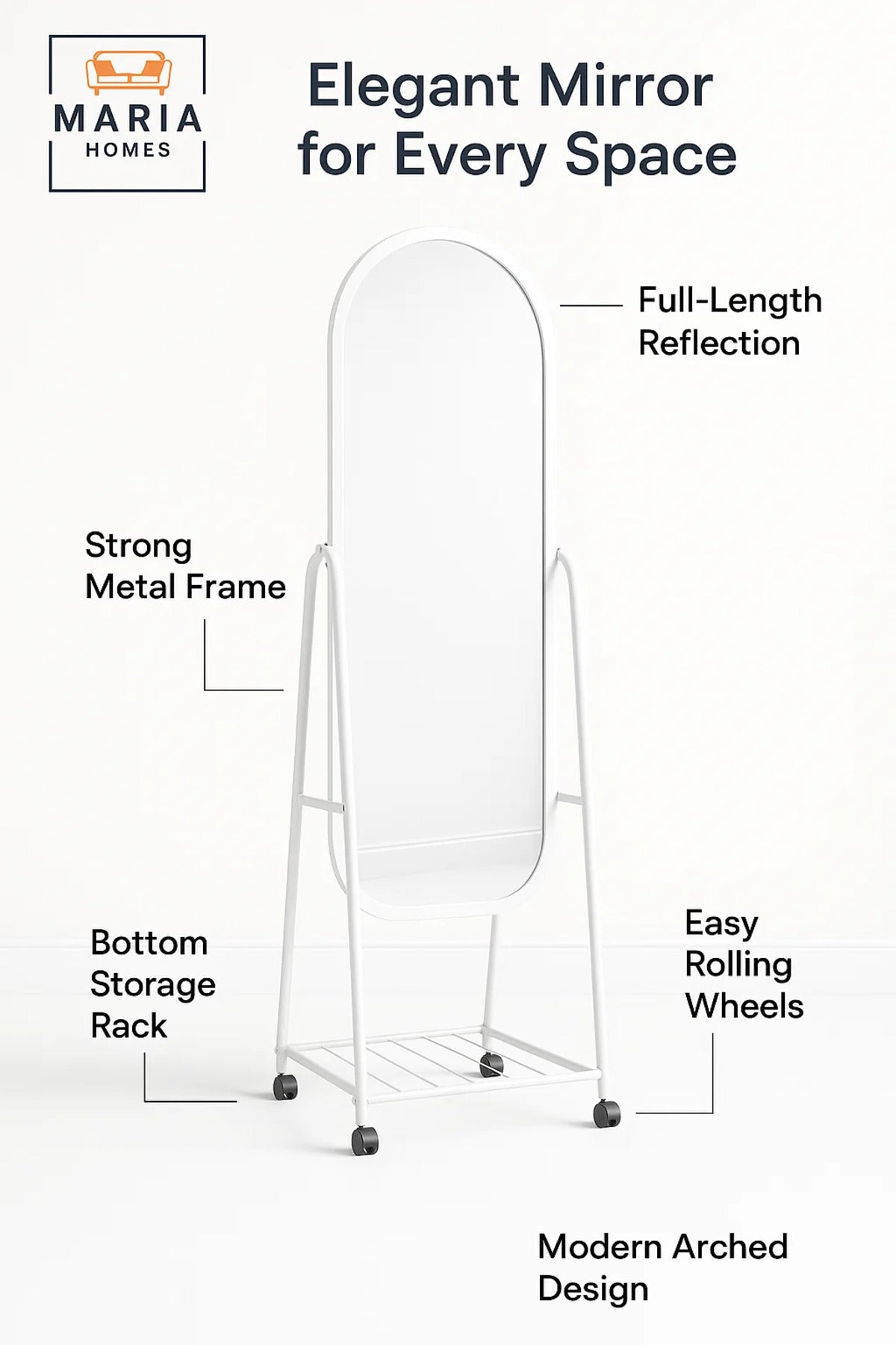 White Full Length Standing Mirror with Metal Frame Floor Dressing Mirror for Bedroom Hallway Decor