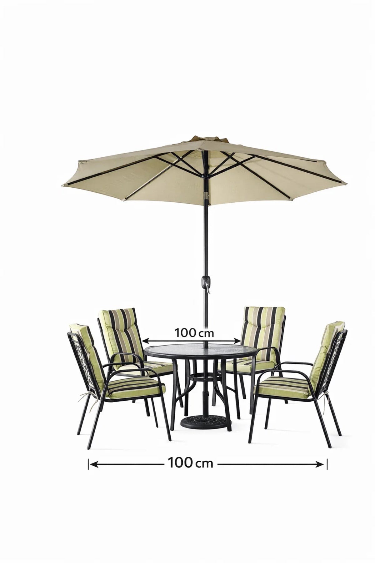 Modern Outdoor Garden Dining Set with Parasol Round Table and Four Comfortable Striped Chairs