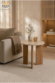Modern Round Side Table with Wooden Base, Contemporary End Table for Living Room, Bedroom, Office & Lounge