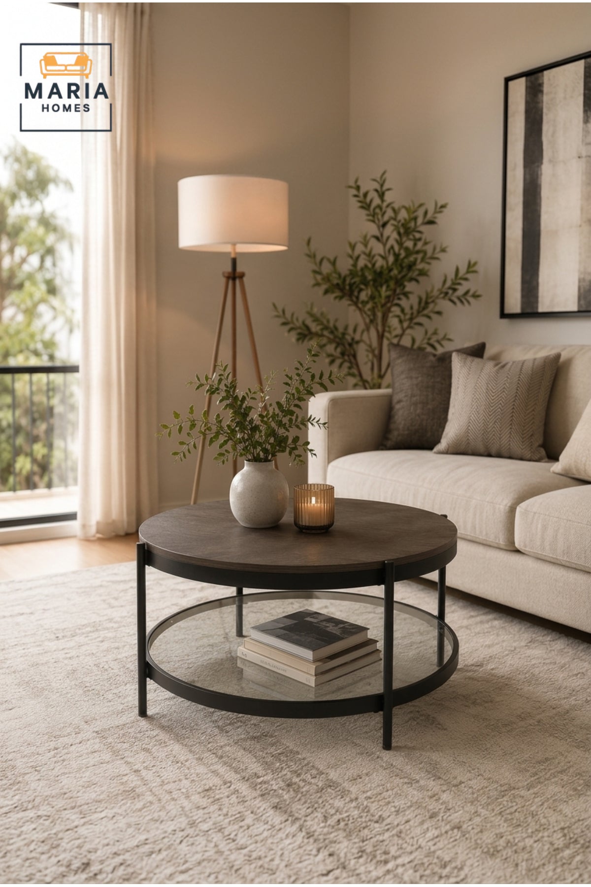 Modern Round Coffee Table Wooden Top with Glass Shelf Center Table for Living Room Black