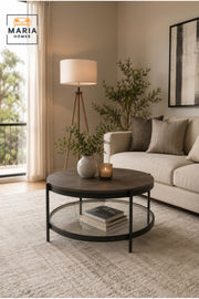 Modern Round Coffee Table Wooden Top with Glass Shelf Center Table for Living Room Black