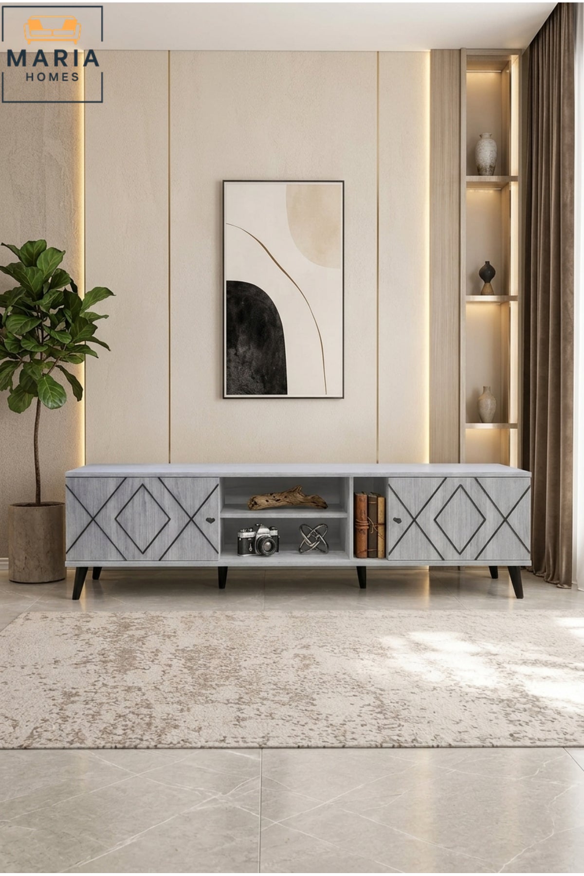 Modern TV Unit with Geometric Diamond Pattern Doors and Open Storage Ð Contemporary Entertainment Center