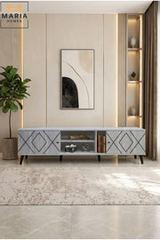 Modern TV Unit with Geometric Diamond Pattern Doors and Open Storage Ð Contemporary Entertainment Center