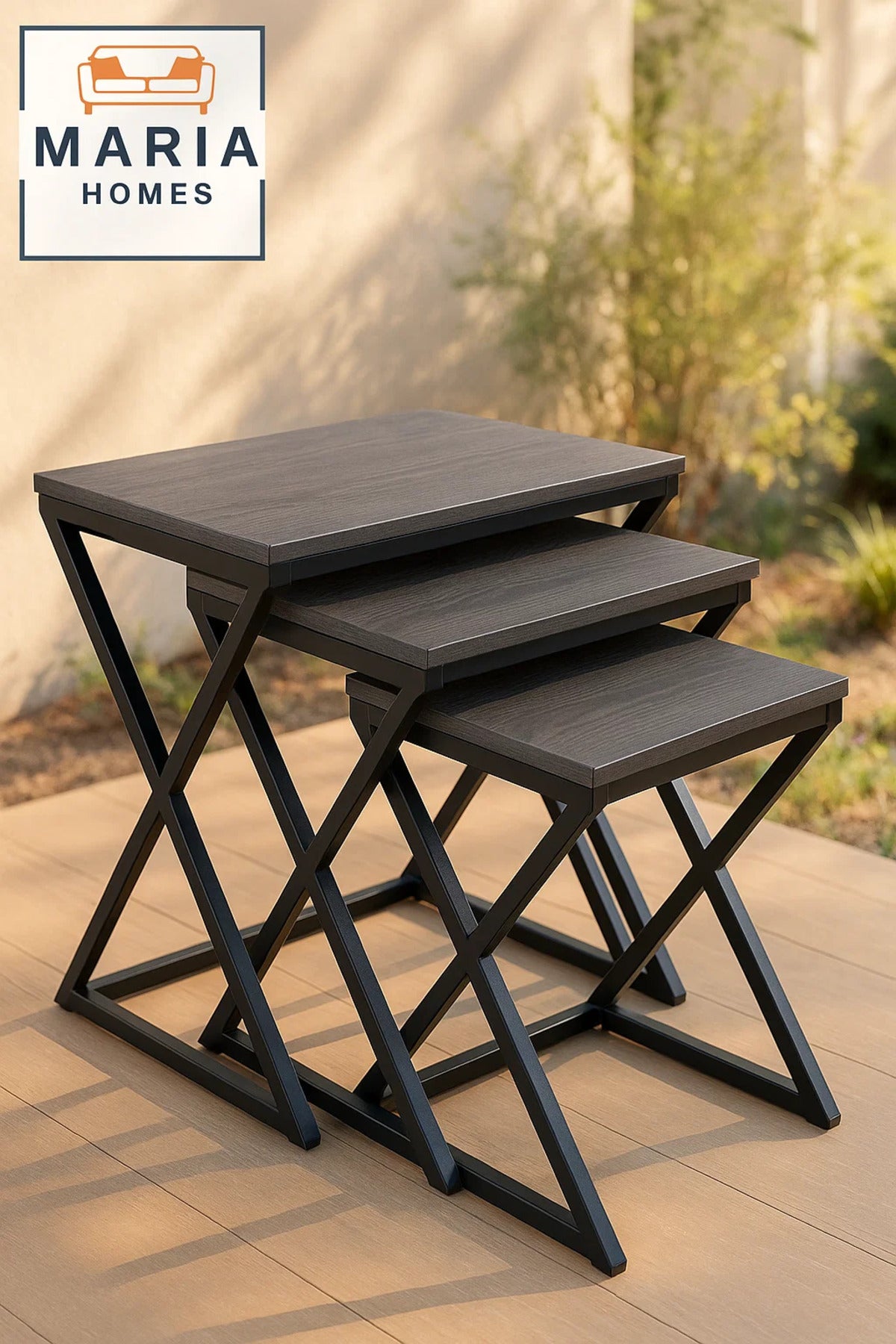 3-Piece Nesting Table Set with Dark Wood Tops and X-Style Bases