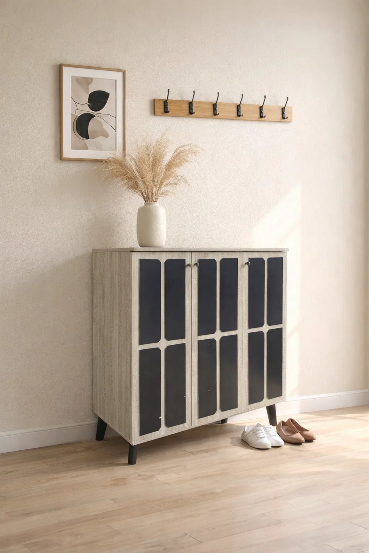 Stylish Beige and Black Shoe Cabinet Three Door Organizer Stand for Modern Entryway Home Decor