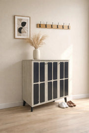 Stylish Beige and Black Shoe Cabinet Three Door Organizer Stand for Modern Entryway Home Decor