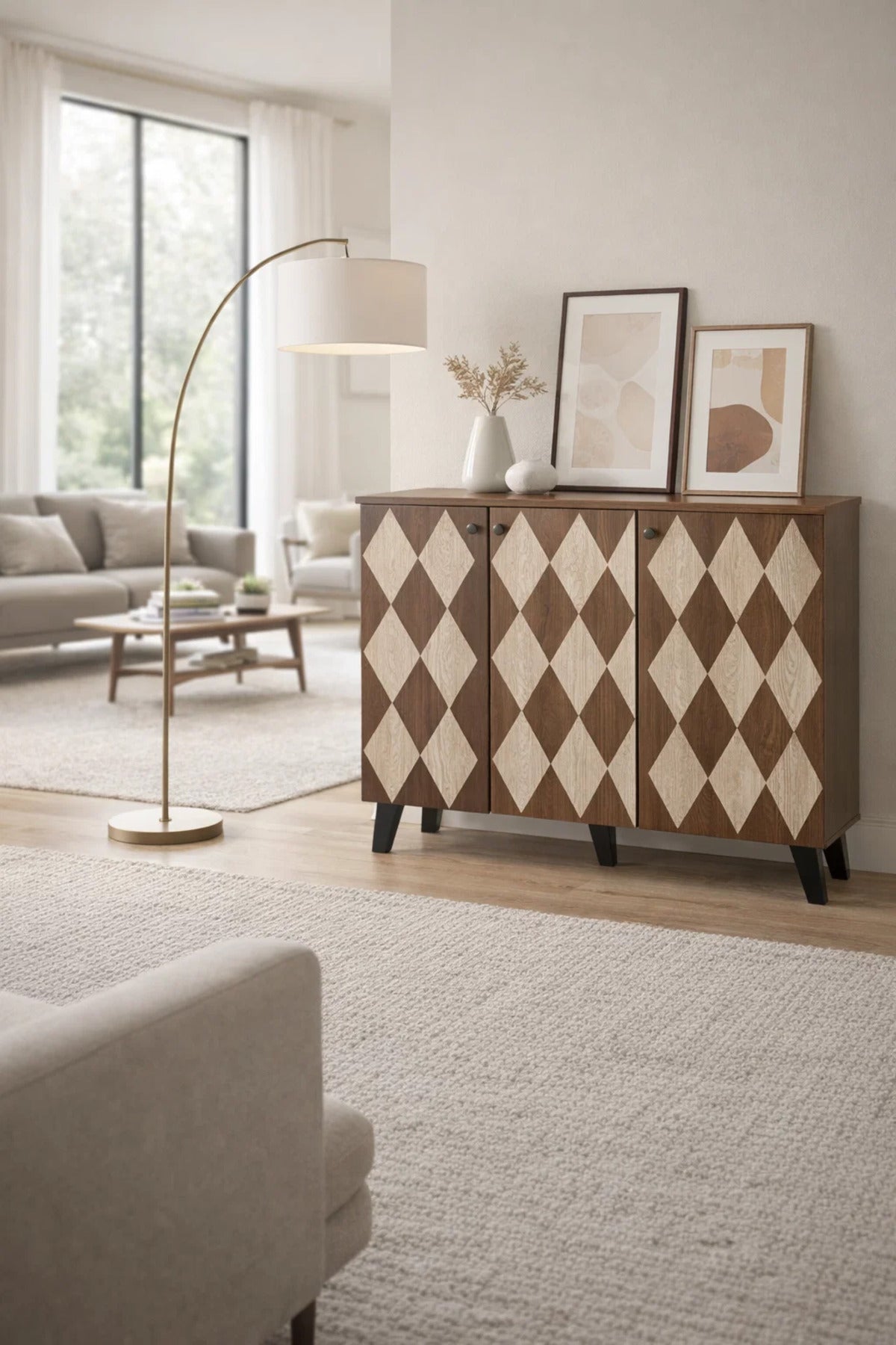 Brown and Beige Shoe Cabinet with Decorative Pattern 120 x 32 x 93 cm