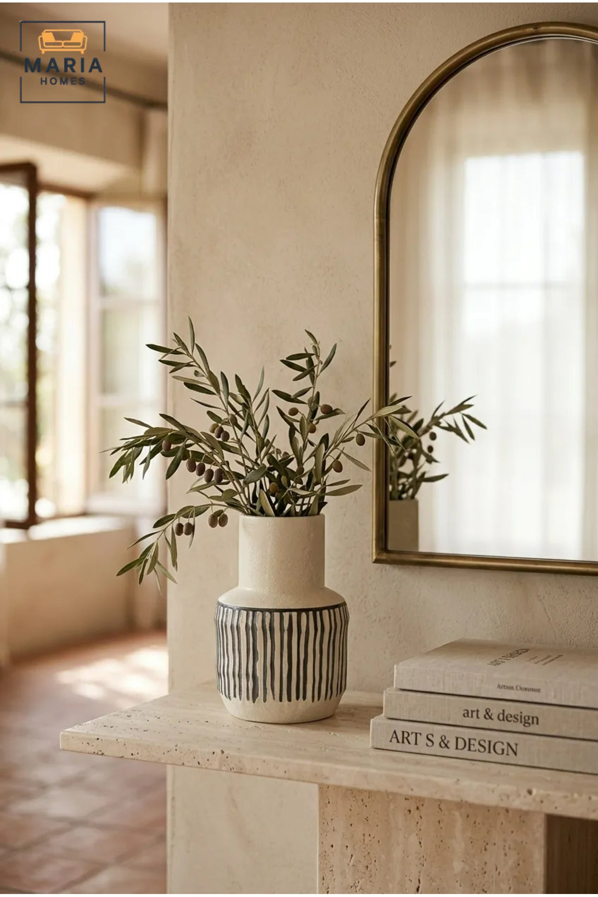 Cream and Black Striped Decorative Vase, Modern Ceramic Flower Holder with Rounded Body and Tall Neck for Living Room, Bedroom, Office and Table Décor