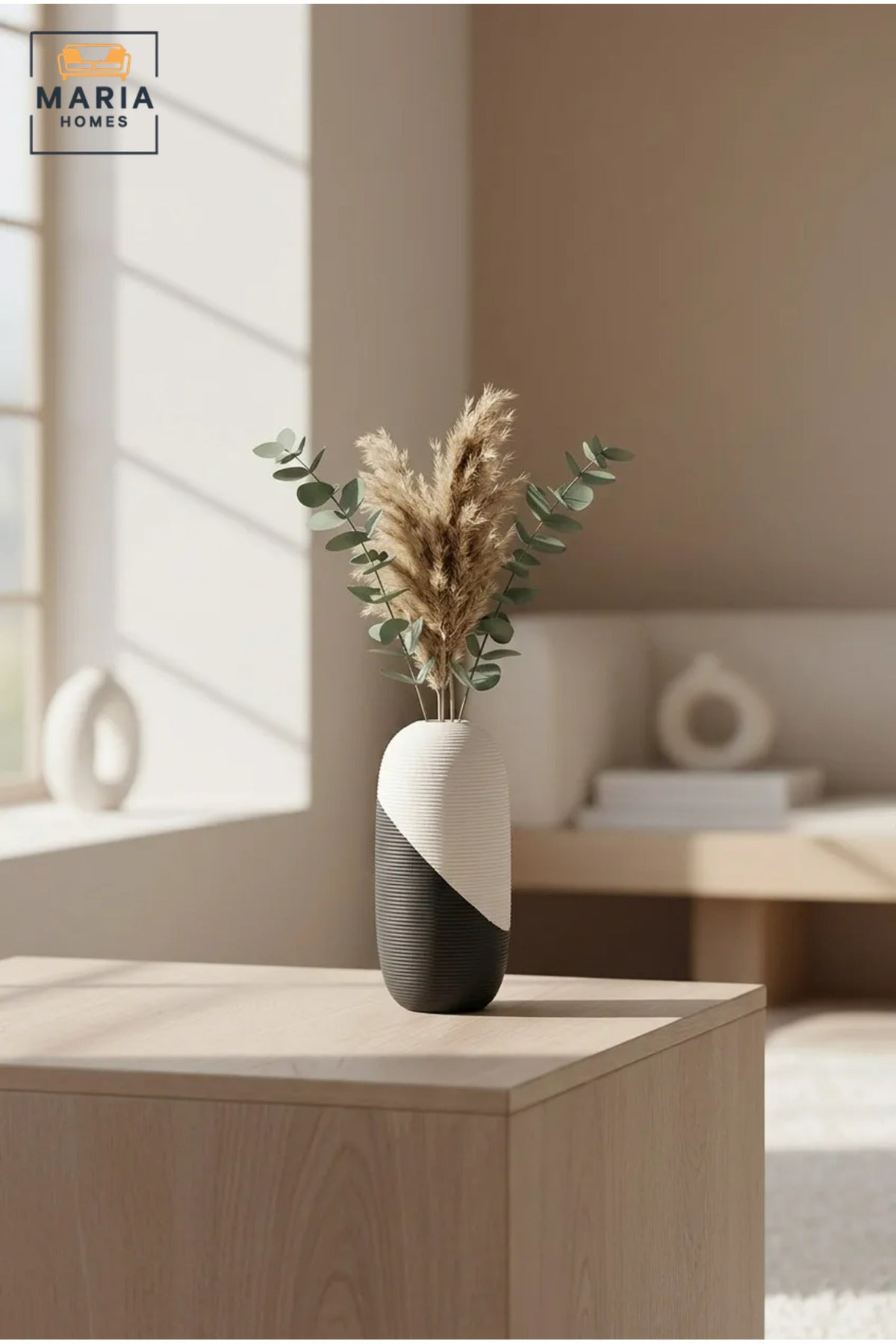 Modern Decorative Flower Vase with Two-Tone Abstract Design, Oval Shape and Ribbed Texture for Living Room, Bedroom, Office, Shelf and Console Décor
