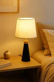 Modern Black Table Lamp Ð Wooden Base with White Fabric Shade for Bedroom & Living Room
