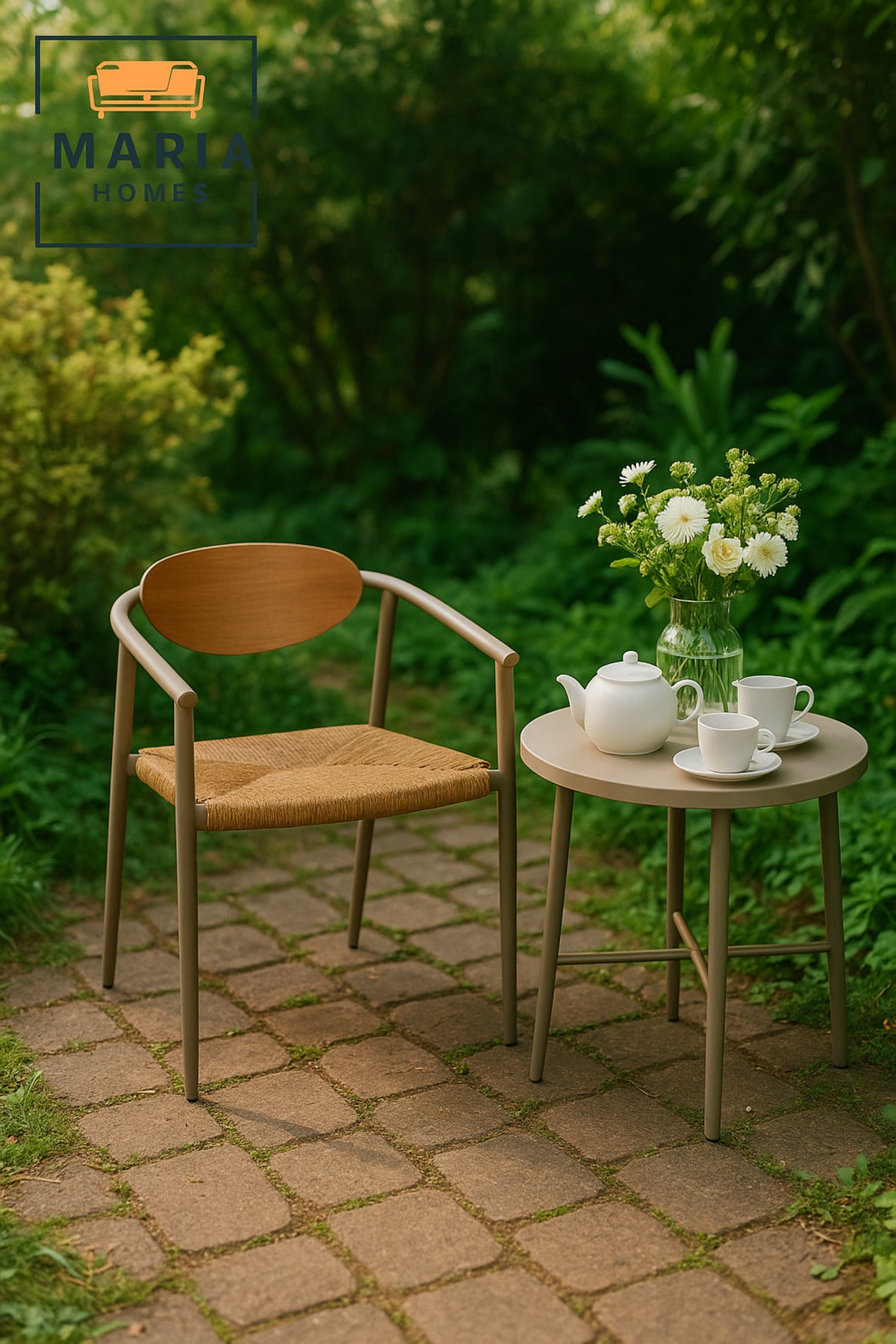 Modern Champagne Garden Chair Ð Wooden Backrest & Woven Seat for Outdoor Dining