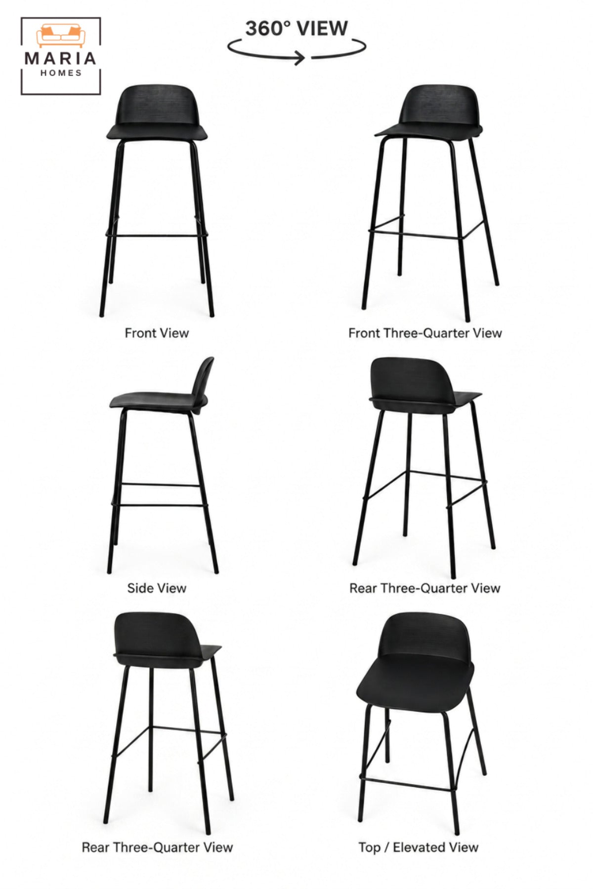 Modern Counter Bar Stool with Curved Backrest, Slim Frame and Integrated Footrest | High Kitchen Stool for Breakfast Bar, Café and Counter