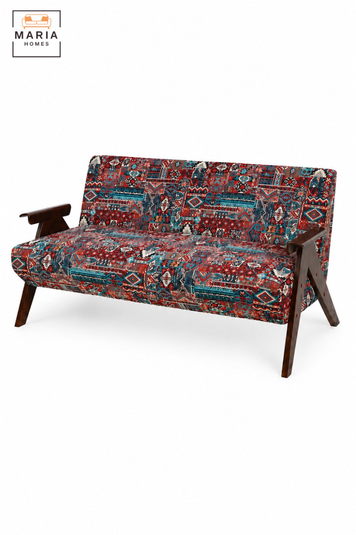 Traditional Pattern Upholstered 3 Seater Sofa with Wooden Arms & Legs | Vintage Style Accent Couch for Living Room, Lounge & Sitting Area