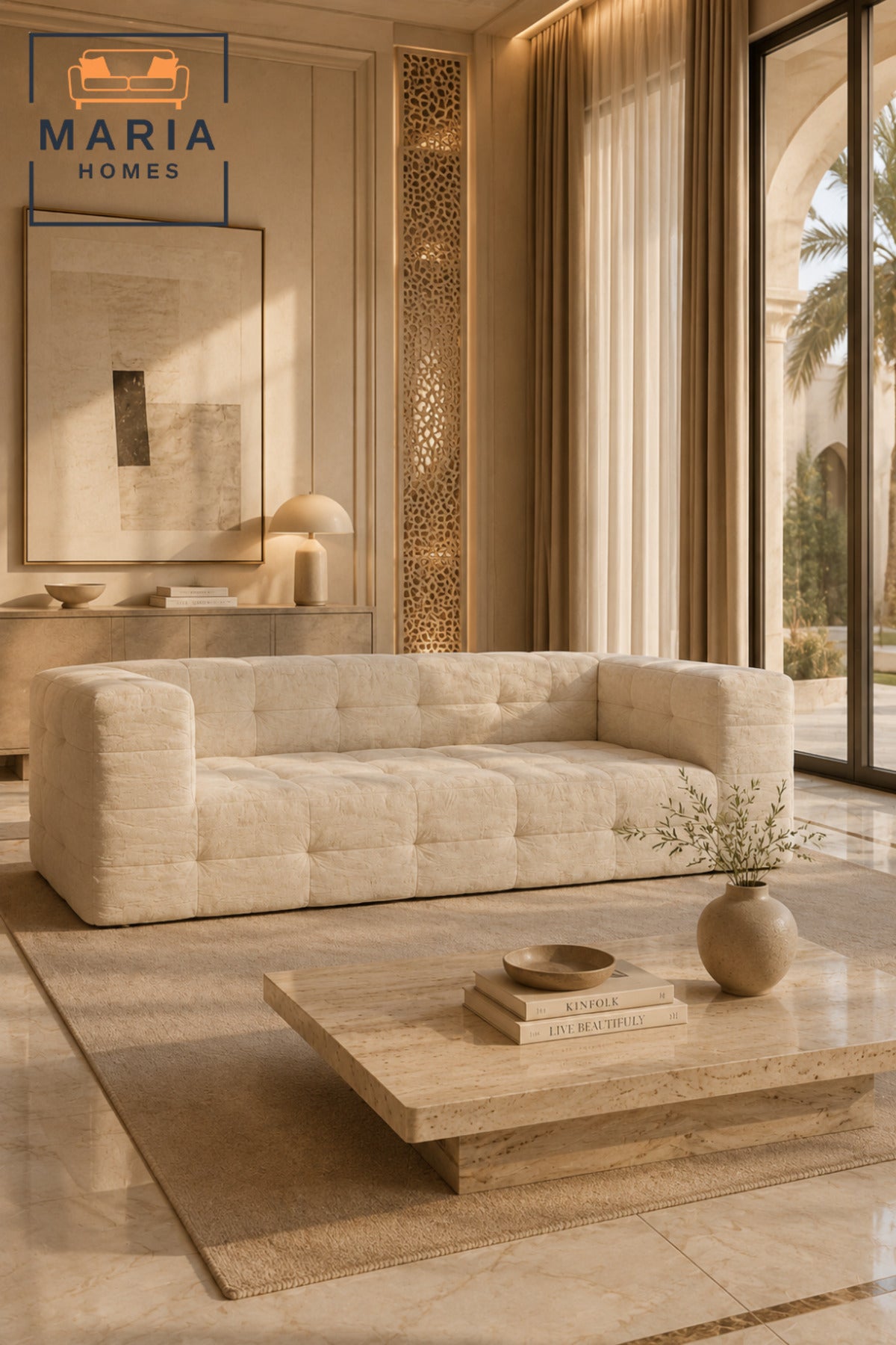 Modern Beige Upholstered Sofa Couch Comfortable Living Room Seating Furniture 200cm