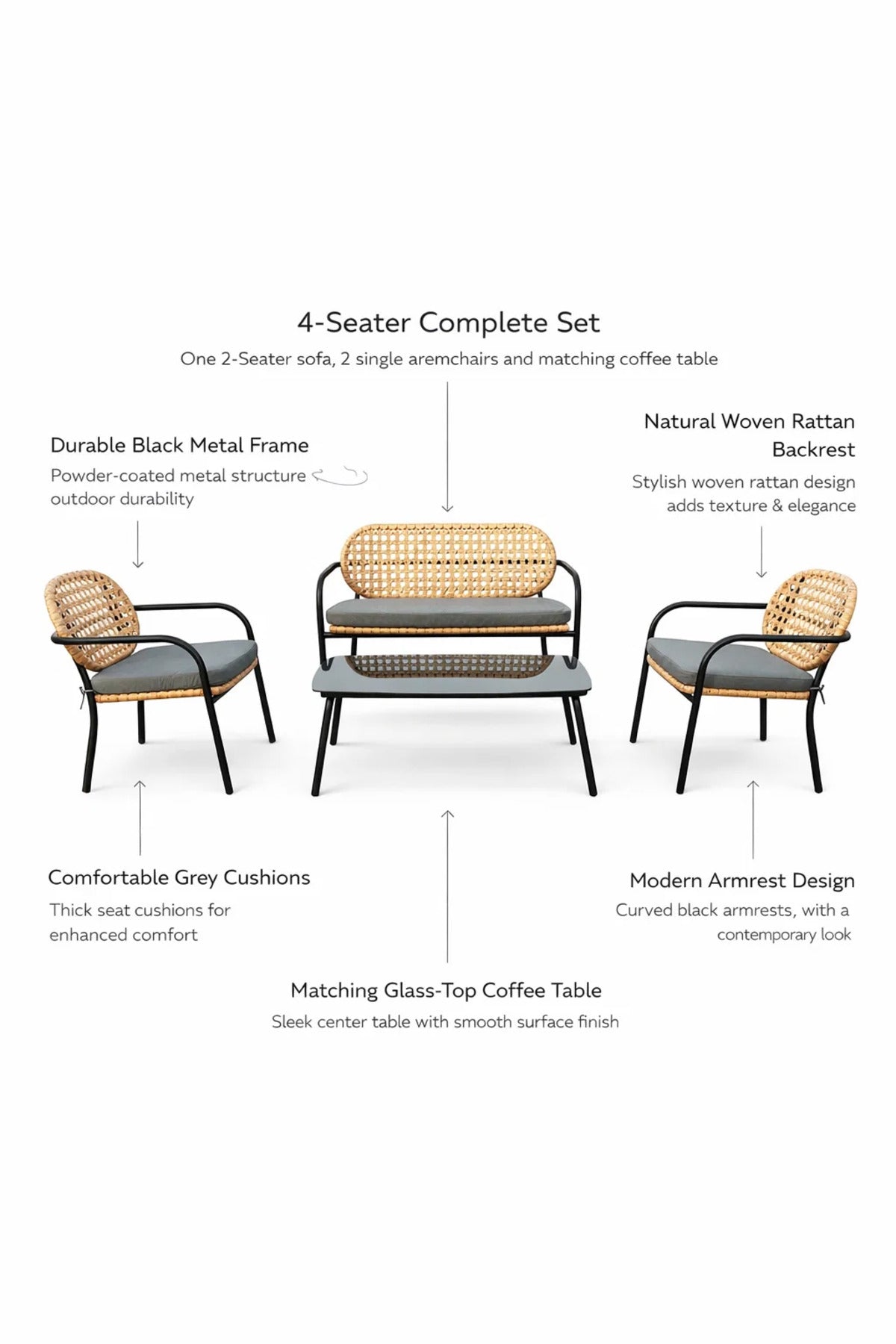 Stylish 4-Piece Wicker Patio Furniture Set with Black Metal Frame Grey Cushions Coffee Table