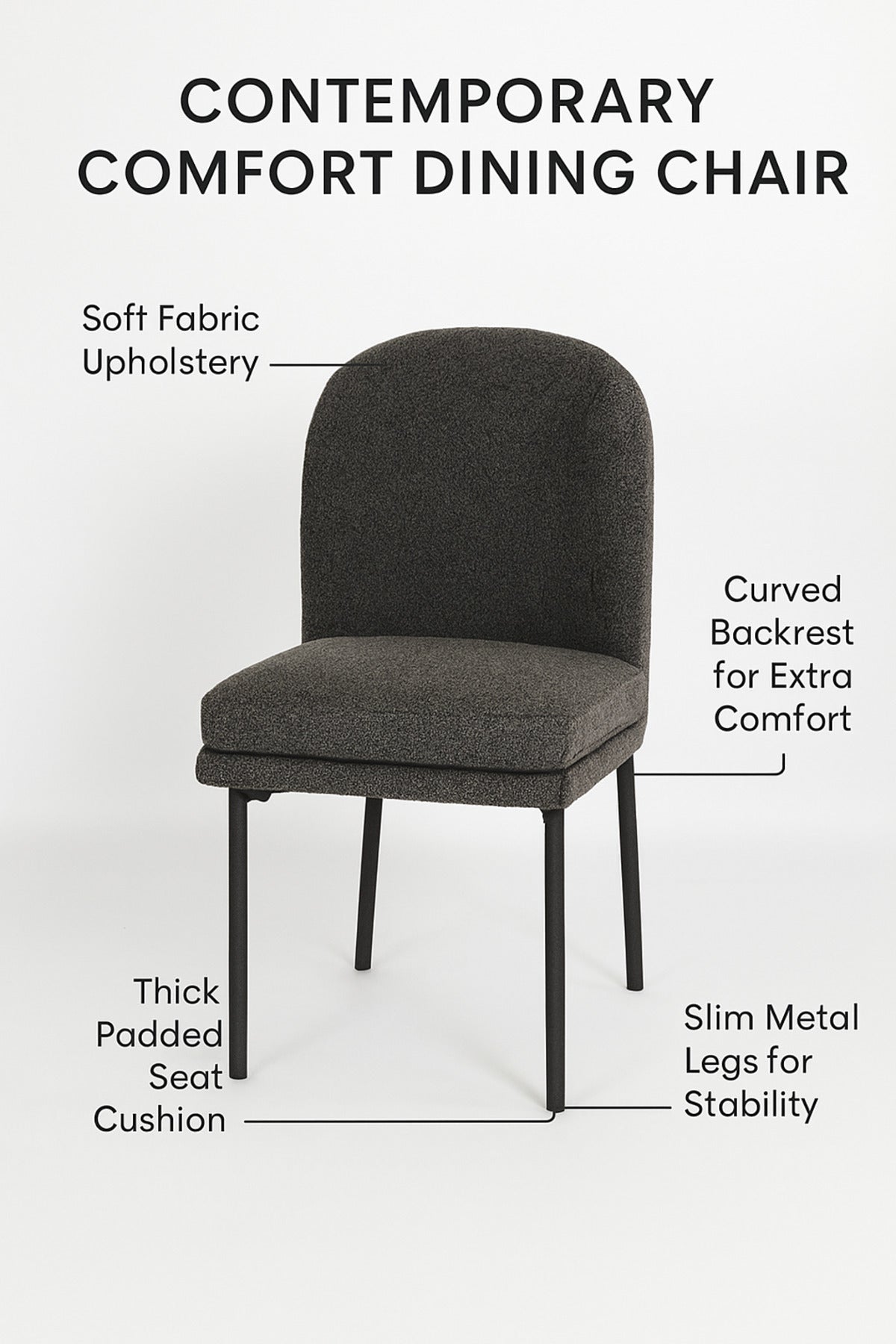 Grey Fabric Dining Chair Ð Modern Upholstered Chair with Black Metal Legs for Dining Room & Office
