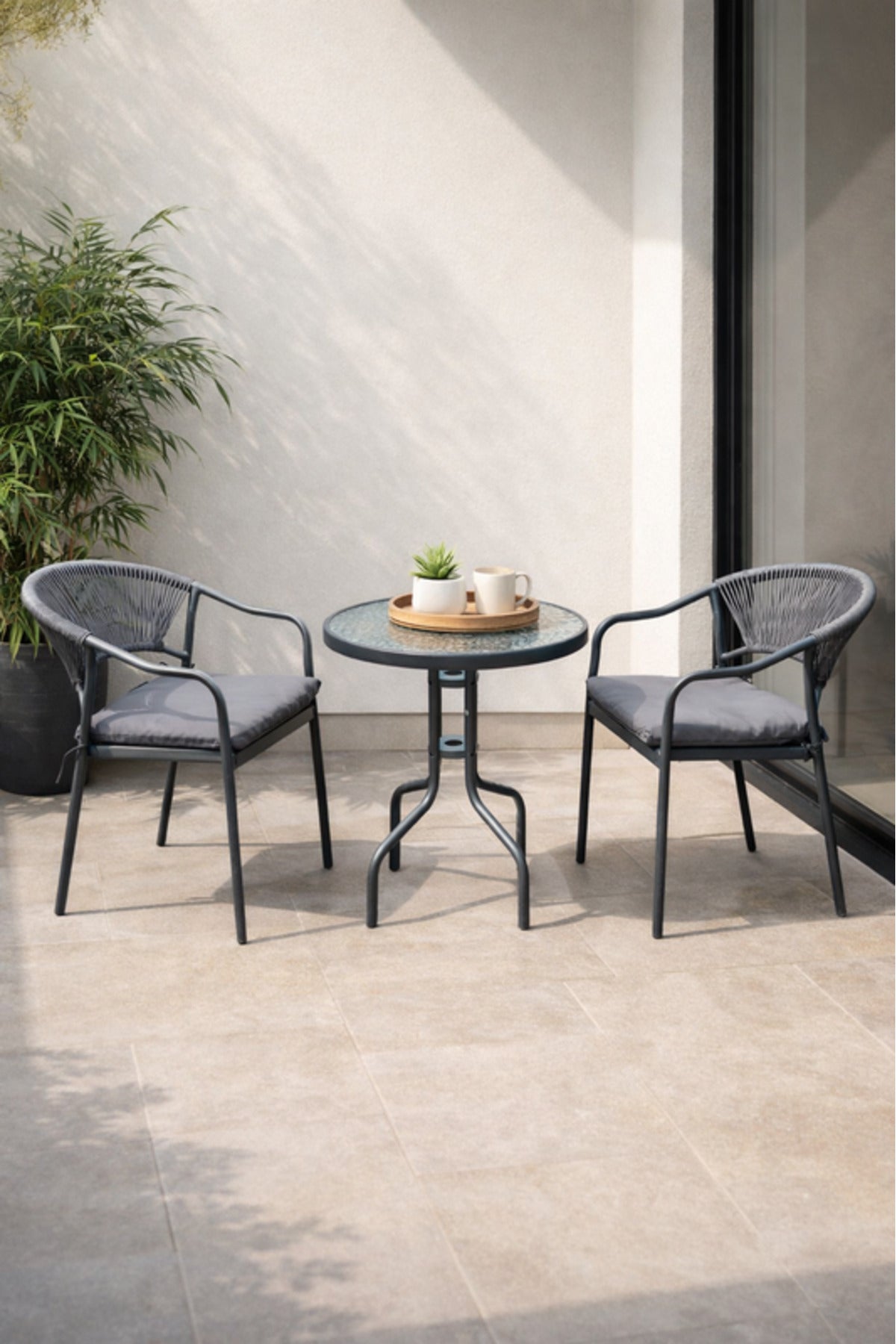 Stylish 3 Piece Outdoor Bistro Set with Rope Chairs and Glass Table Black Grey for Balcony Garden